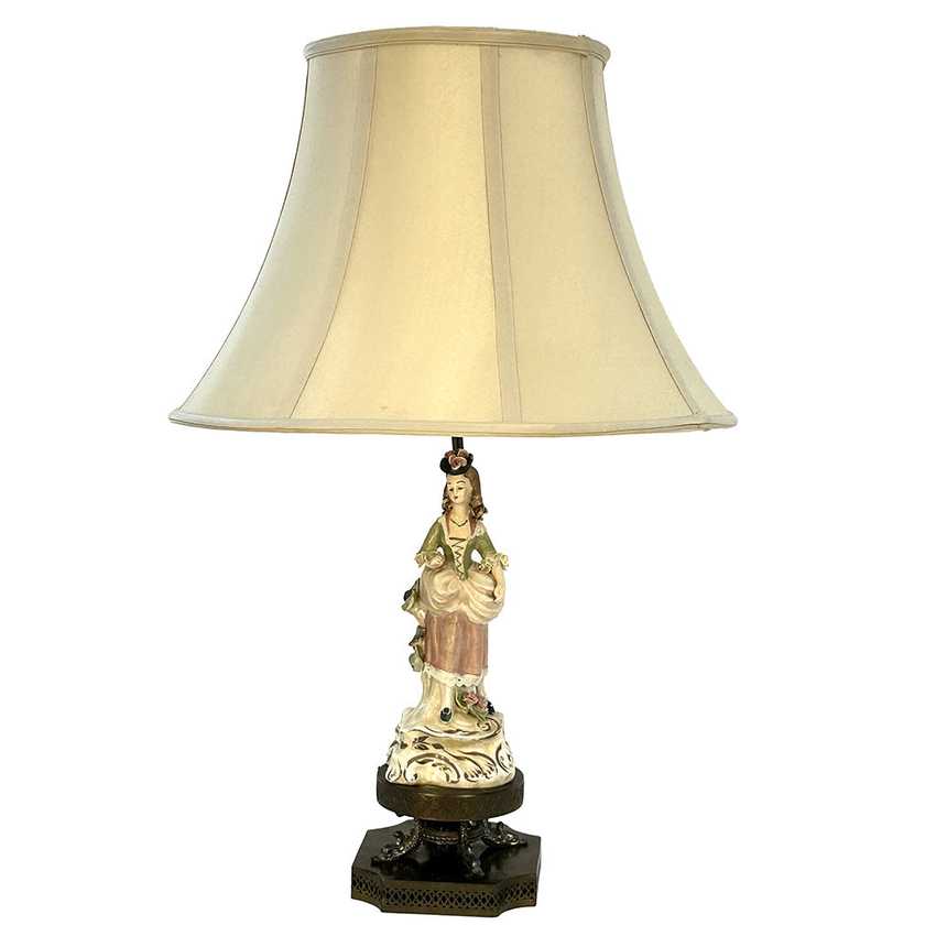 Vintage Capodimonte Style Porcelain Figurine Table Lamp | 17th Century Gentle Lady Courtier Statue | Ornate Brass Tiered Dragon & Filigree Base Statement Light