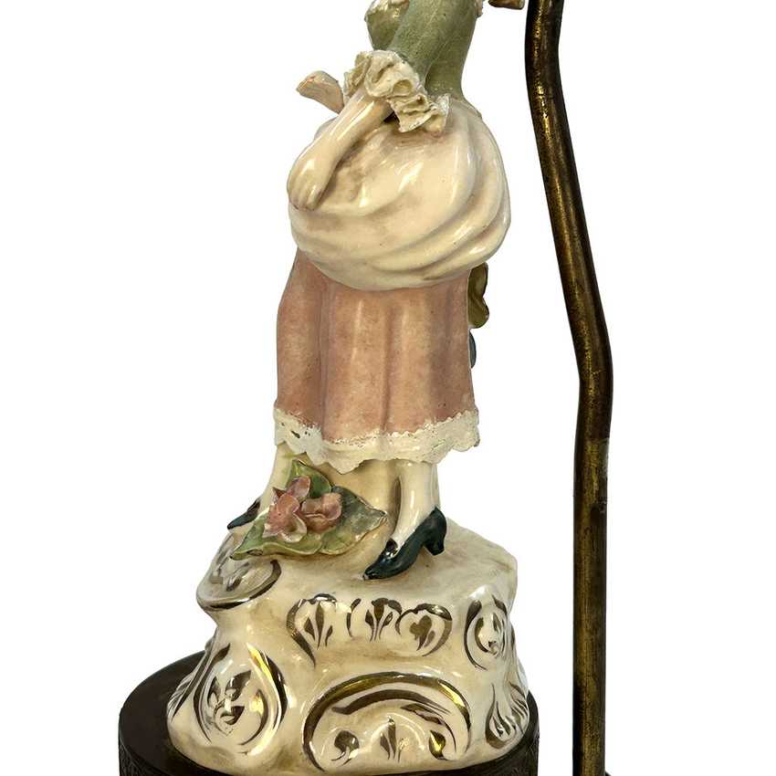 Vintage Capodimonte Style Porcelain Figurine Table Lamp | 17th Century Gentle Lady Courtier Statue | Ornate Brass Tiered Dragon & Filigree Base Statement Light