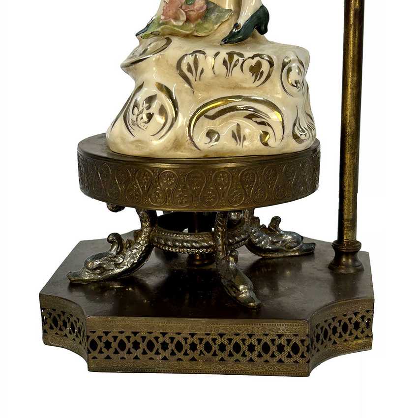 Vintage Capodimonte Style Porcelain Figurine Table Lamp | 17th Century Gentle Lady Courtier Statue | Ornate Brass Tiered Dragon & Filigree Base Statement Light