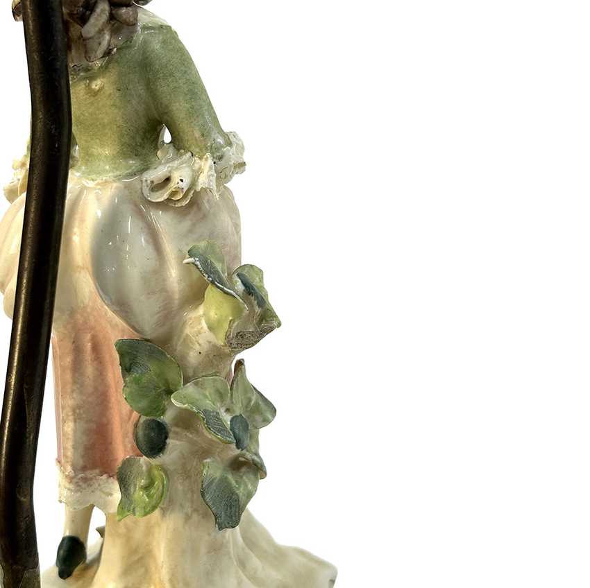 Vintage Capodimonte Style Porcelain Figurine Table Lamp | 17th Century Gentle Lady Courtier Statue | Ornate Brass Tiered Dragon & Filigree Base Statement Light