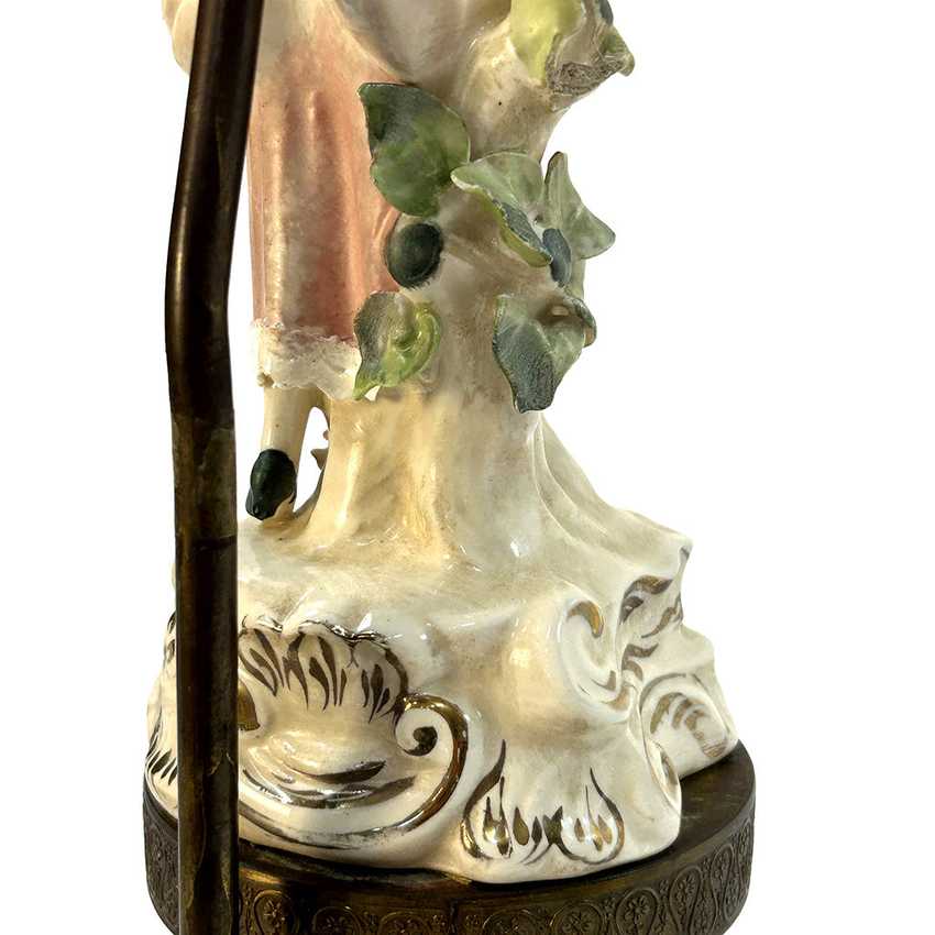 Vintage Capodimonte Style Porcelain Figurine Table Lamp | 17th Century Gentle Lady Courtier Statue | Ornate Brass Tiered Dragon & Filigree Base Statement Light