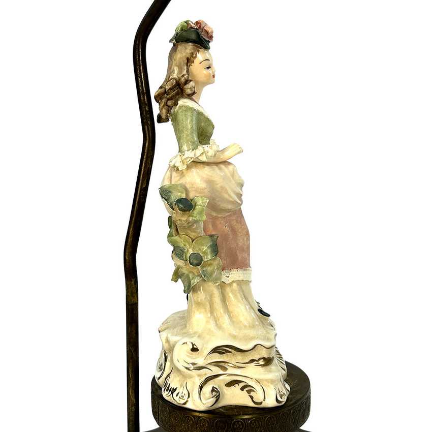 Vintage Capodimonte Style Porcelain Figurine Table Lamp | 17th Century Gentle Lady Courtier Statue | Ornate Brass Tiered Dragon & Filigree Base Statement Light