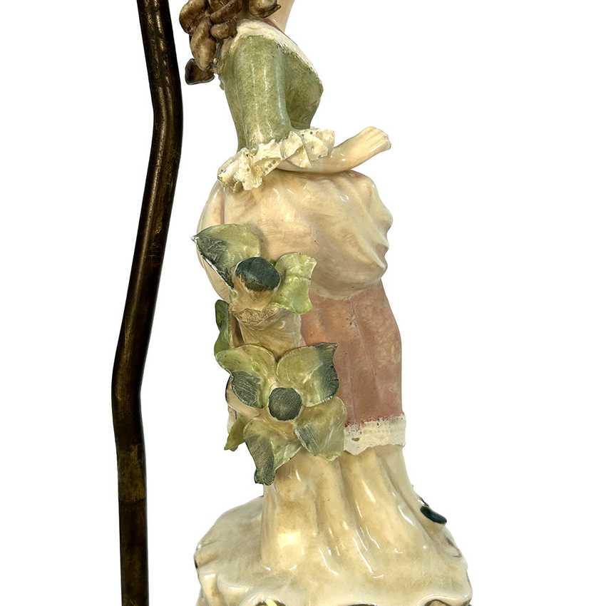Vintage Capodimonte Style Porcelain Figurine Table Lamp | 17th Century Gentle Lady Courtier Statue | Ornate Brass Tiered Dragon & Filigree Base Statement Light