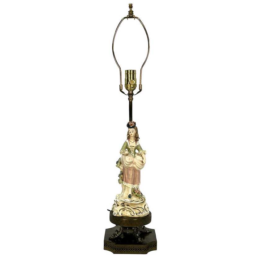 Vintage Capodimonte Style Porcelain Figurine Table Lamp | 17th Century Gentle Lady Courtier Statue | Ornate Brass Tiered Dragon & Filigree Base Statement Light