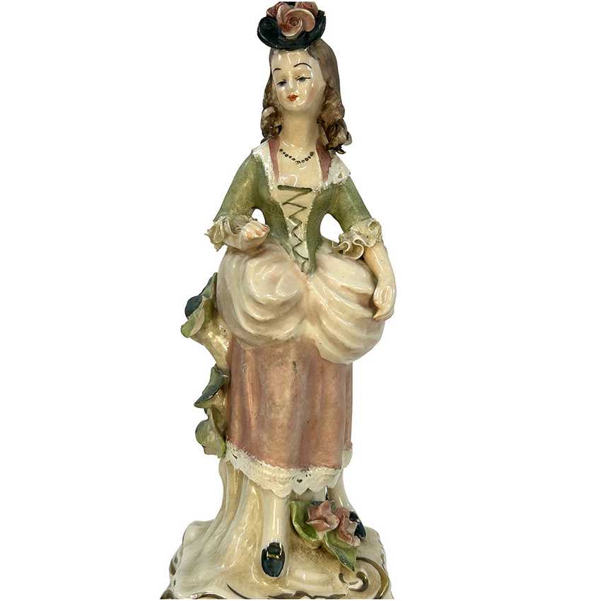 Vintage Capodimonte Style Porcelain Figurine Table Lamp | 17th Century Gentle Lady Courtier Statue | Ornate Brass Tiered Dragon & Filigree Base Statement Light