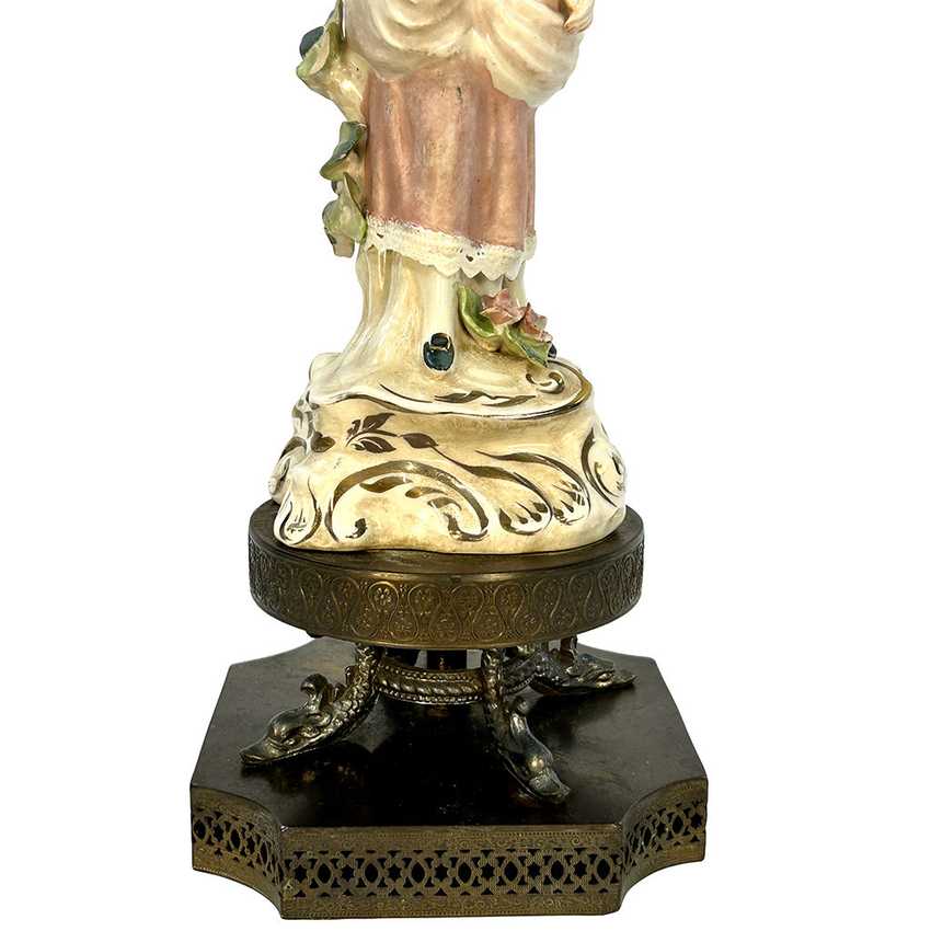 Vintage Capodimonte Style Porcelain Figurine Table Lamp | 17th Century Gentle Lady Courtier Statue | Ornate Brass Tiered Dragon & Filigree Base Statement Light