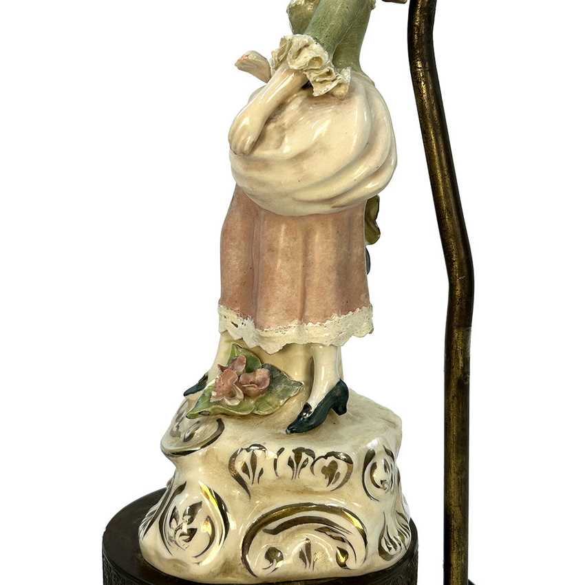 Vintage Capodimonte Style Porcelain Figurine Table Lamp | 17th Century Gentle Lady Courtier Statue | Ornate Brass Tiered Dragon & Filigree Base Statement Light