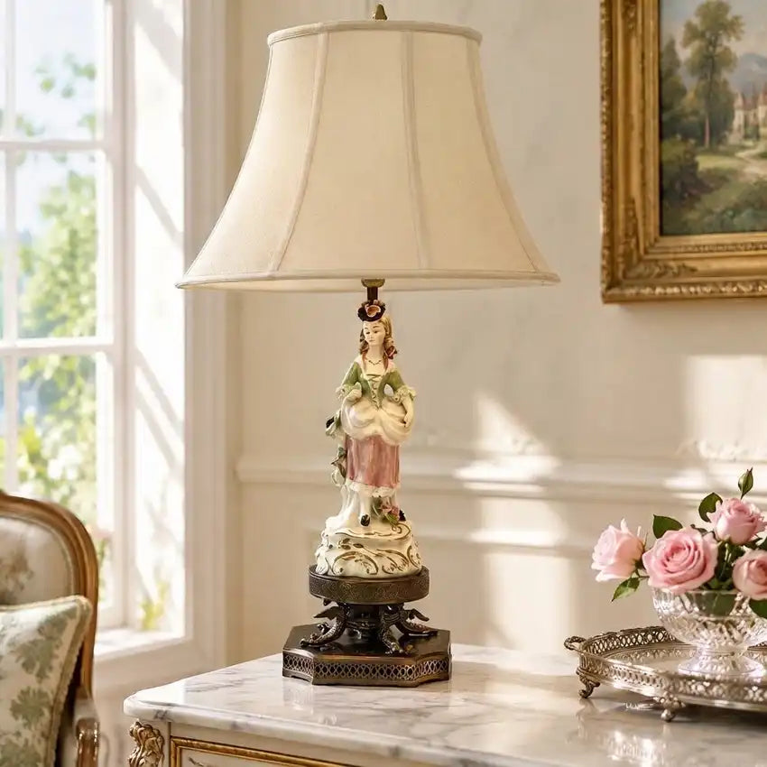 Vintage Capodimonte Style Porcelain Figurine Table Lamp | 17th Century Gentle Lady Courtier Statue | Ornate Brass Tiered Dragon & Filigree Base Statement Light