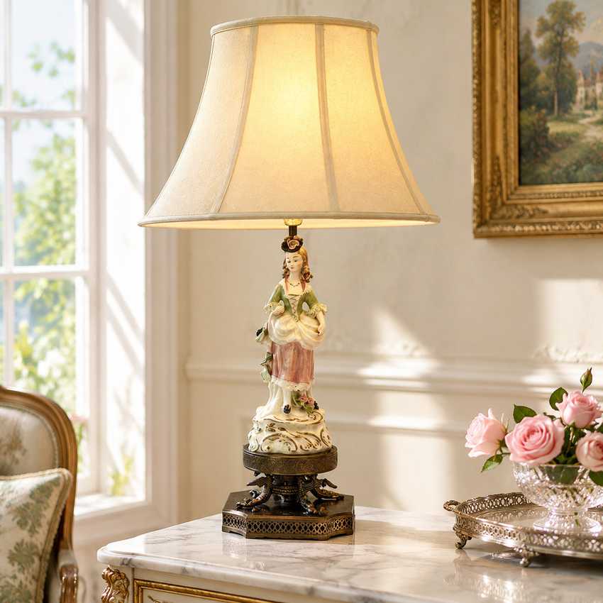 Vintage Capodimonte Style Porcelain Figurine Table Lamp | 17th Century Gentle Lady Courtier Statue | Ornate Brass Tiered Dragon & Filigree Base Statement Light