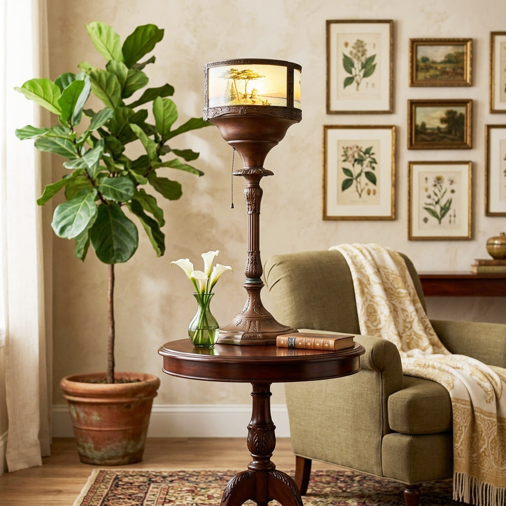 1920s Reverse Painted Working Tall Table Lamp, Vintage Antique Vintage Lighting, Art Deco Decorative Table Lamp