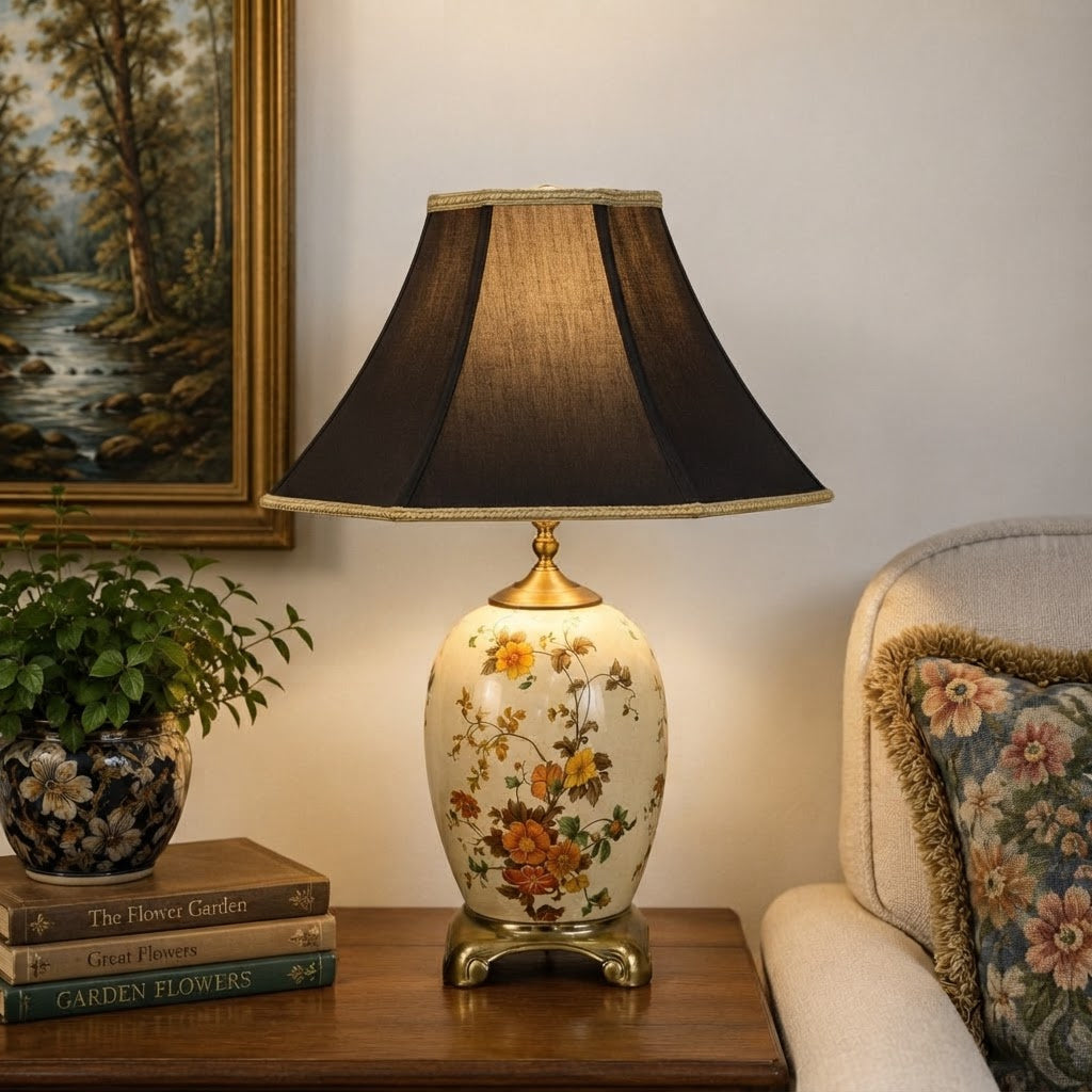 Vintage 1970s Asian Style Ceramic Table Lamp – Floral Ginger Jar Lamp – Burnt Orange Yellow Green – Rewired 24”