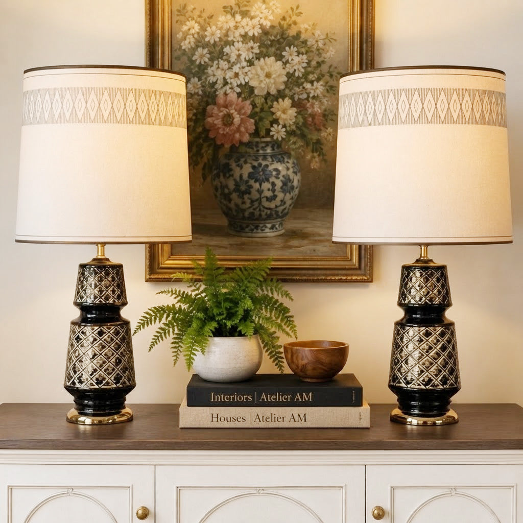 Pair Vintage 1970s Black & Gold Table Lamps with Original Fiberglass Shades | Hollywood Regency MCM