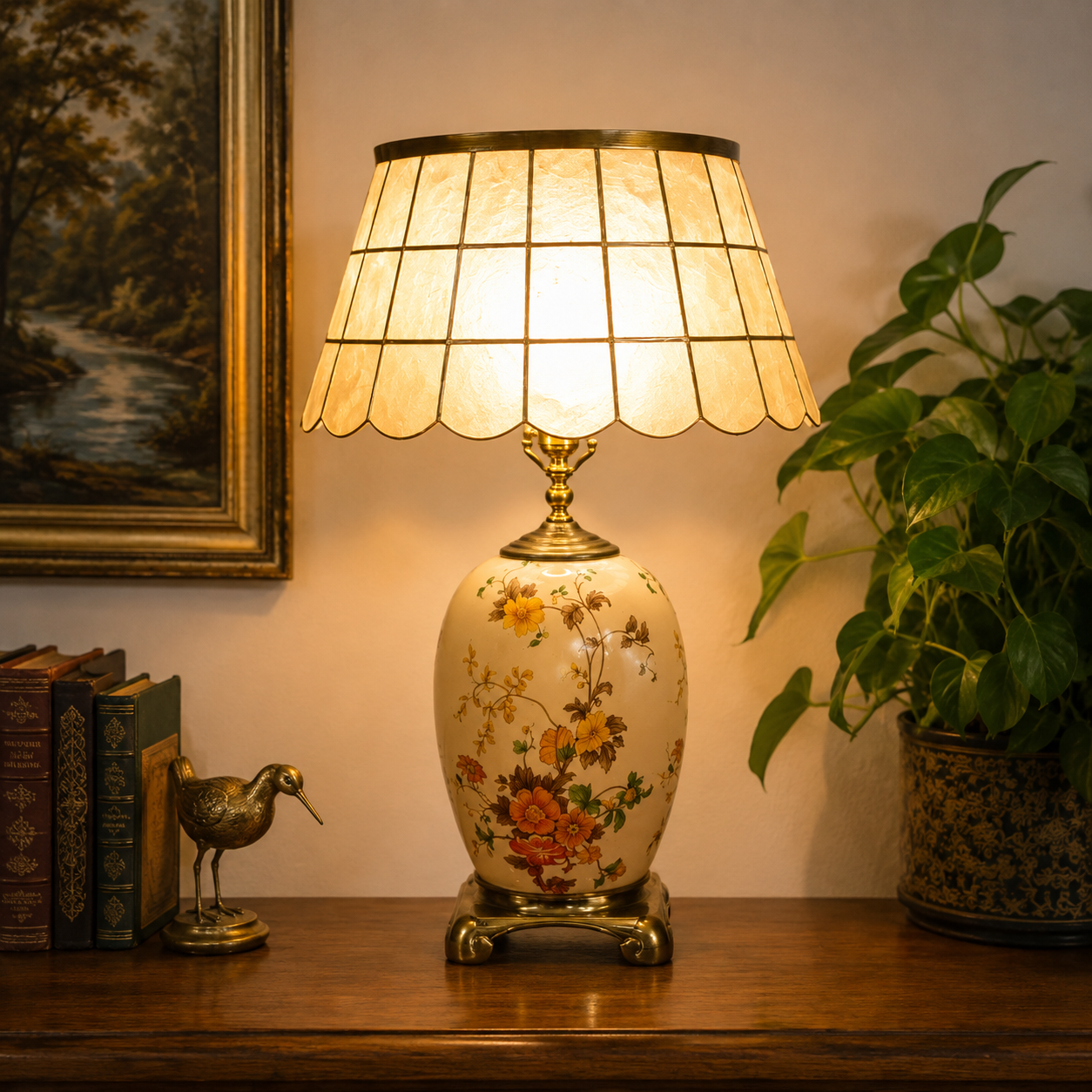 Vintage 1970s Asian Style Ceramic Table Lamp – Floral Ginger Jar Lamp – Burnt Orange Yellow Green – Rewired 24”