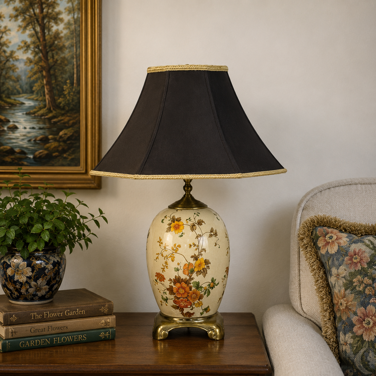 Vintage 1970s Asian Style Ceramic Table Lamp – Floral Ginger Jar Lamp – Burnt Orange Yellow Green – Rewired 24”
