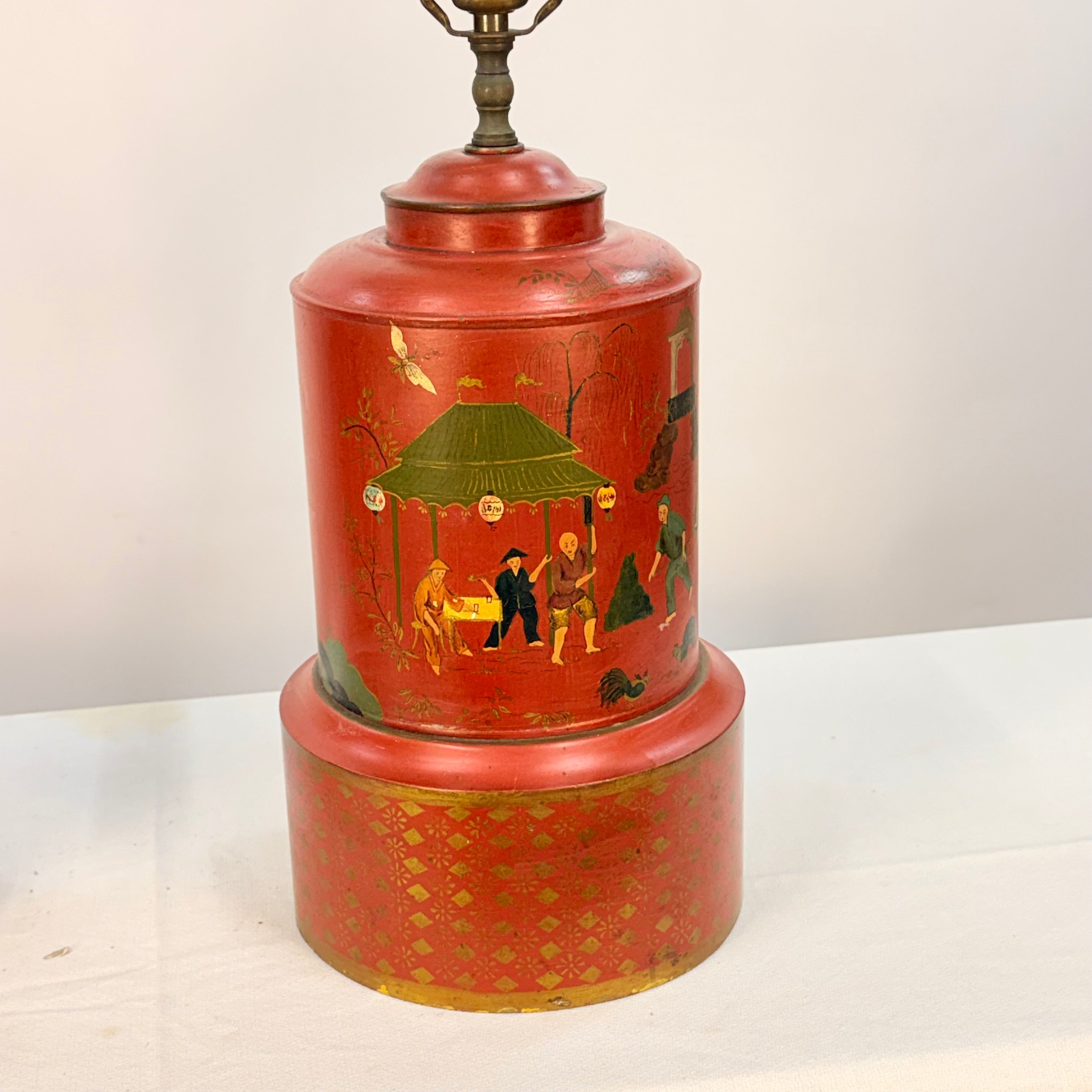 Pair of Large Hand Painted Japanese Market Scene Lamps
