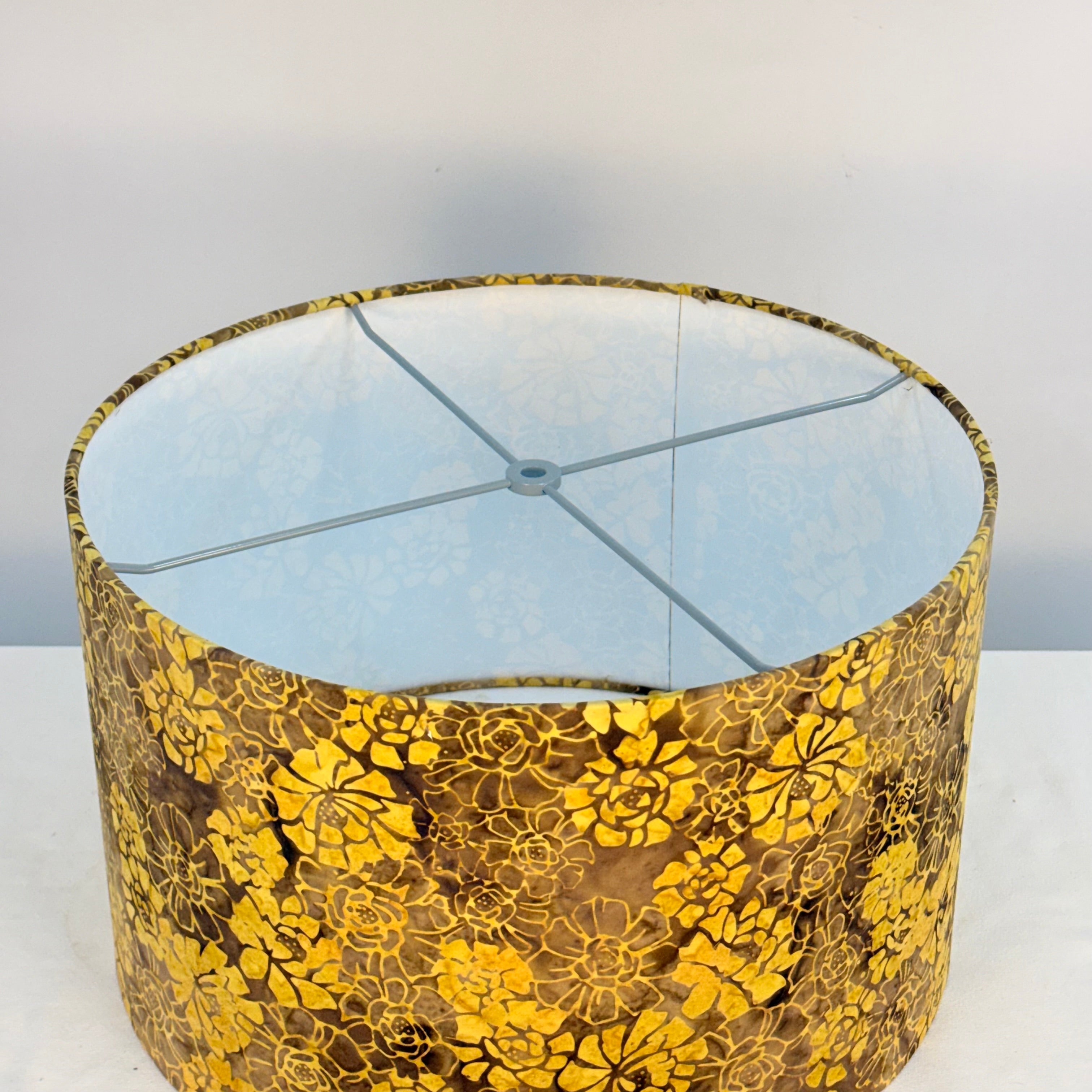 Yellow and Brown Floral Drum Lampshade, 16 Inch Cotton Batik Lampshade, Handmade Floral Lampshade