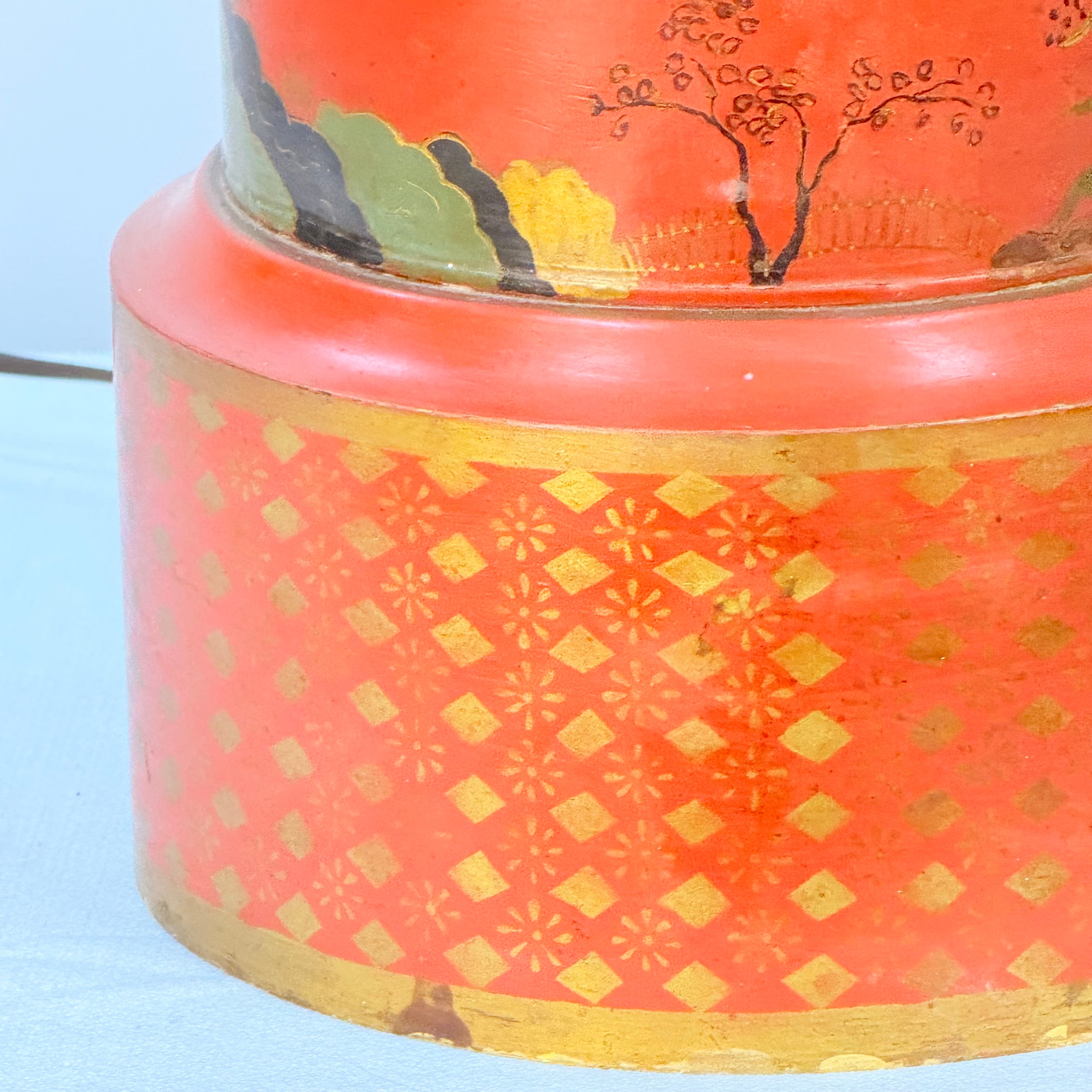Pair of Large Hand Painted Japanese Market Scene Lamps