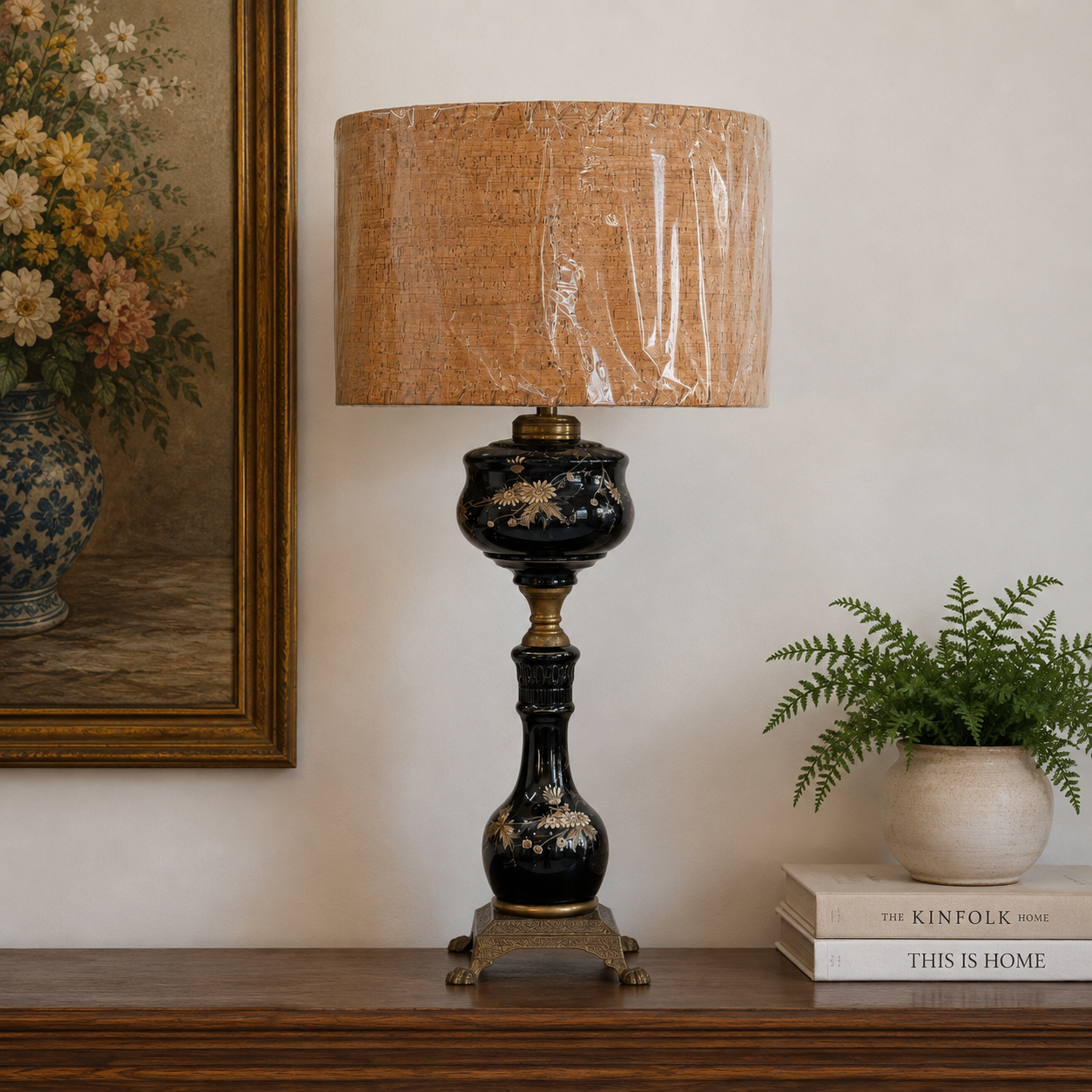Antique Black Glass Oil Lamp Converted to Electric | Hand Painted Floral Table Lamp