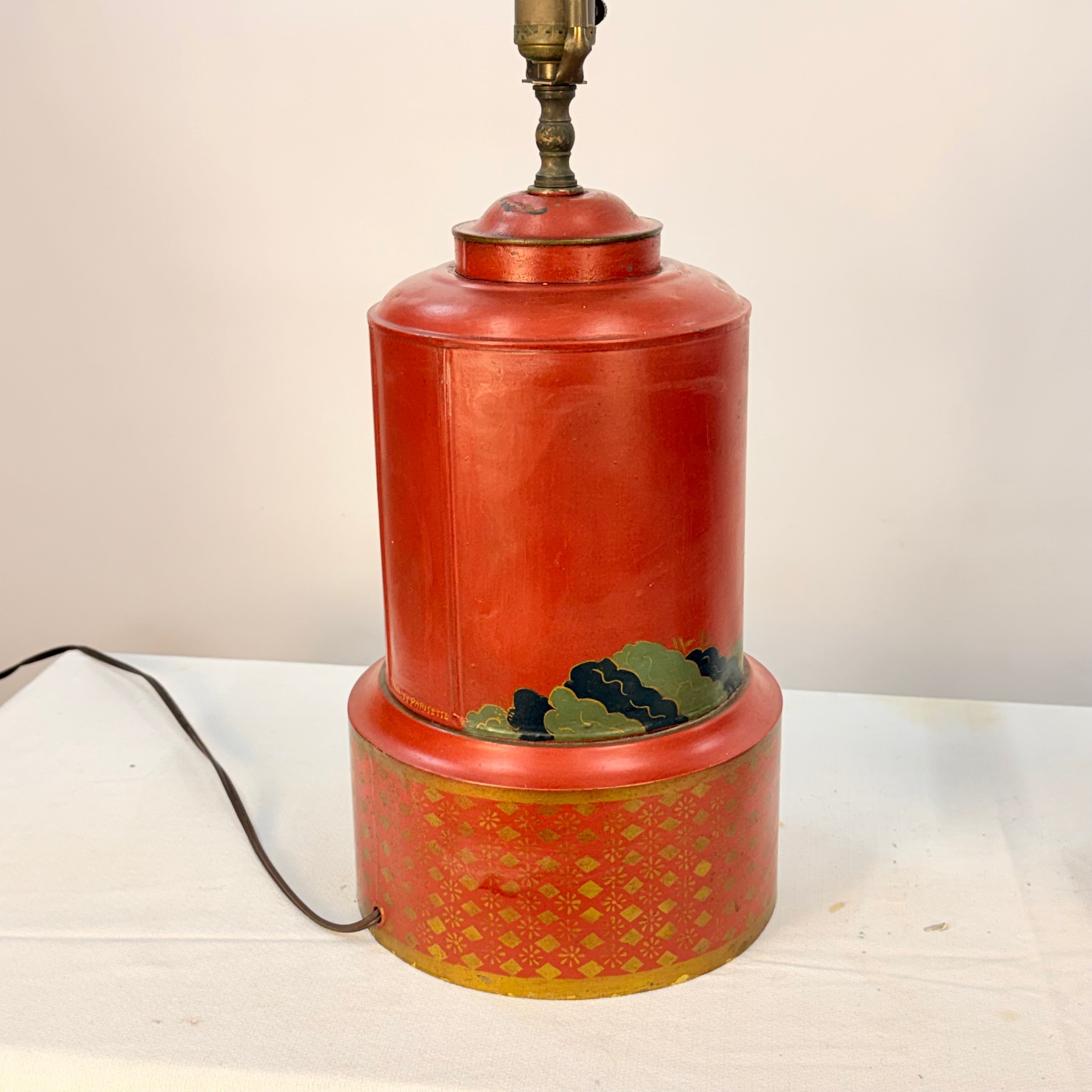 Pair of Large Hand Painted Japanese Market Scene Lamps