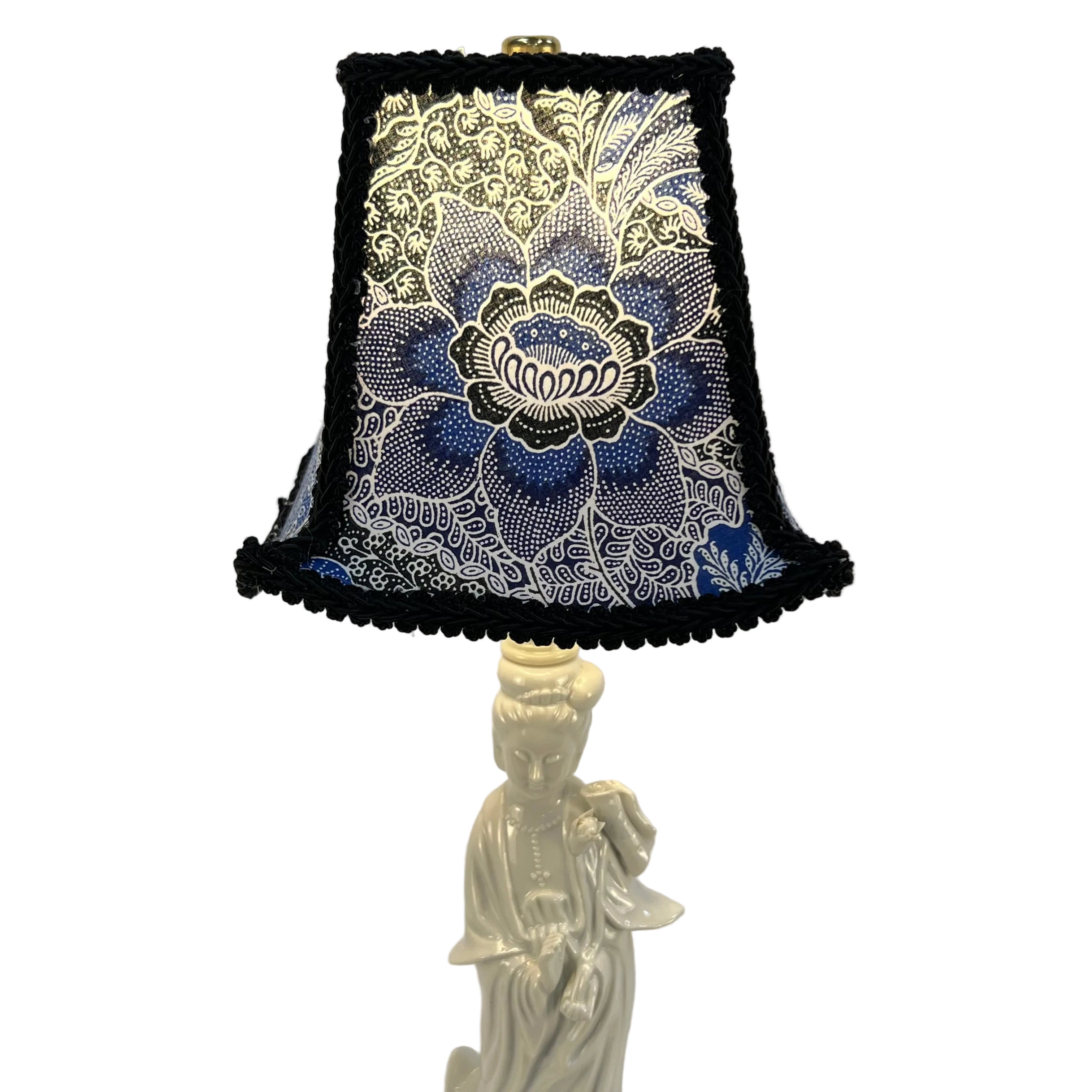Vintage Blanc de Chine Guan Yin Table Lamp with Custom Handmade Blue & White Lampshade Included | Asian Ceramic Goddess Lamp | Chinoiserie Decor