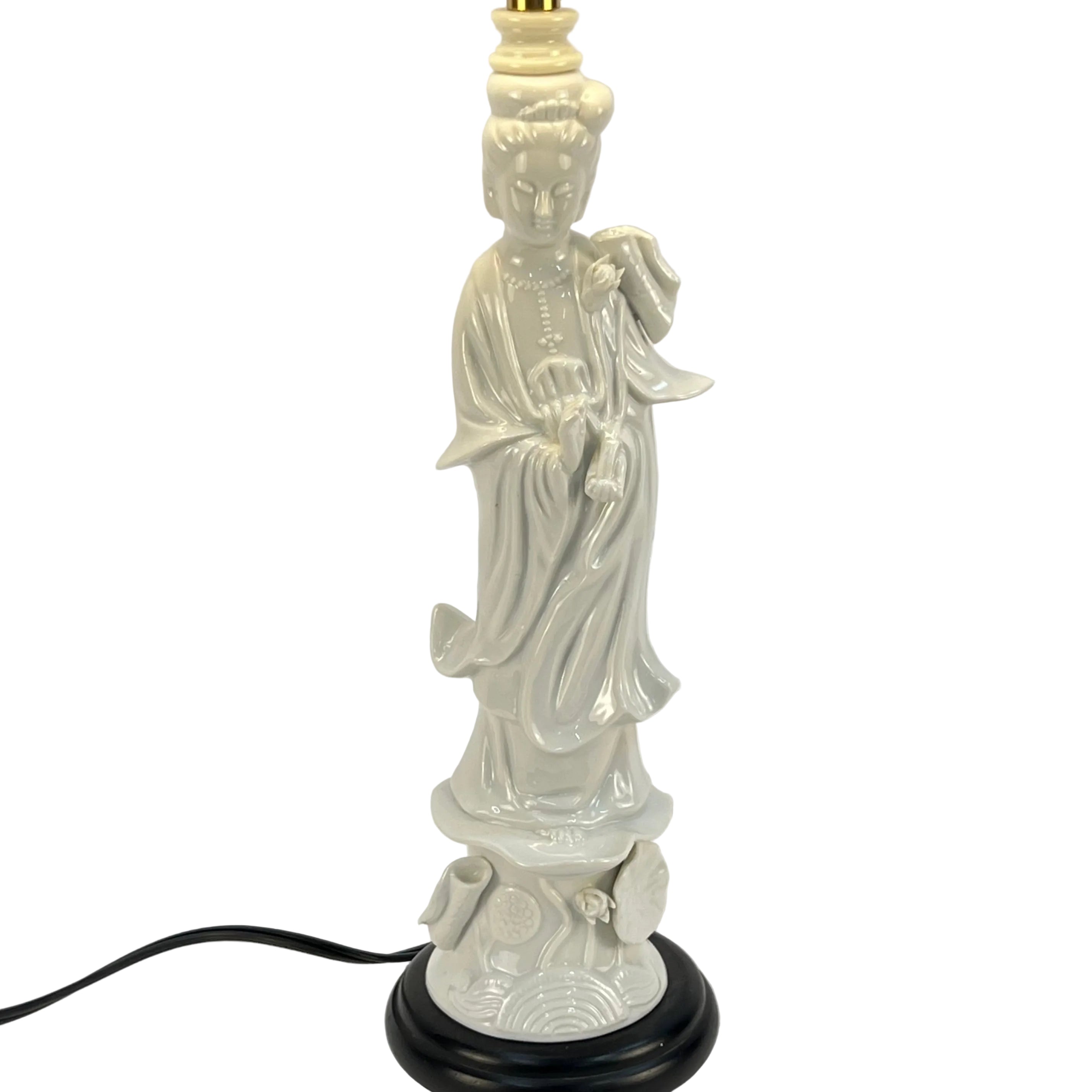 Vintage Blanc de Chine Guan Yin Table Lamp with Custom Handmade Blue & White Lampshade Included | Asian Ceramic Goddess Lamp | Chinoiserie Decor