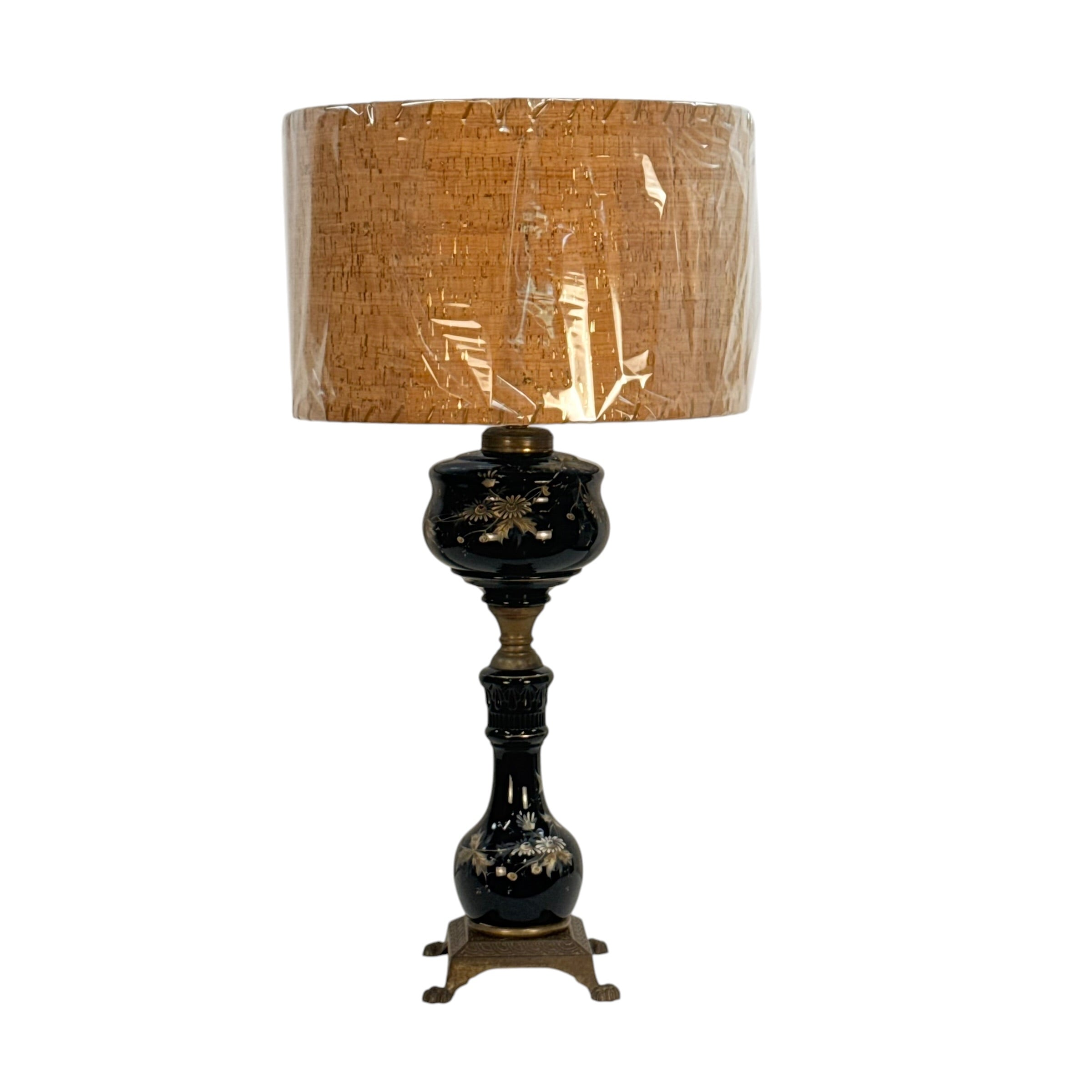 Antique Black Glass Oil Lamp Converted to Electric | Hand Painted Floral Table Lamp