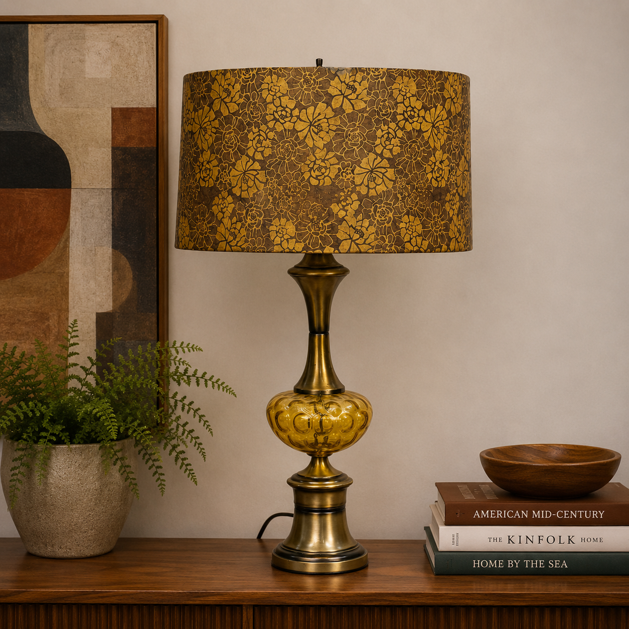 Vintage Mid Century Modern Amber Glass Table Lamp | Brass Tone MCM Lighting