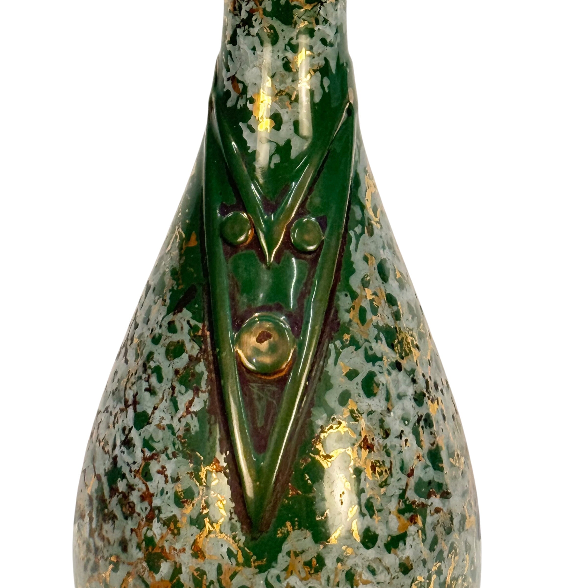 Vintage Mid Century Modern Green Ceramic Table Lamp | Gold Accent MCM Lighting