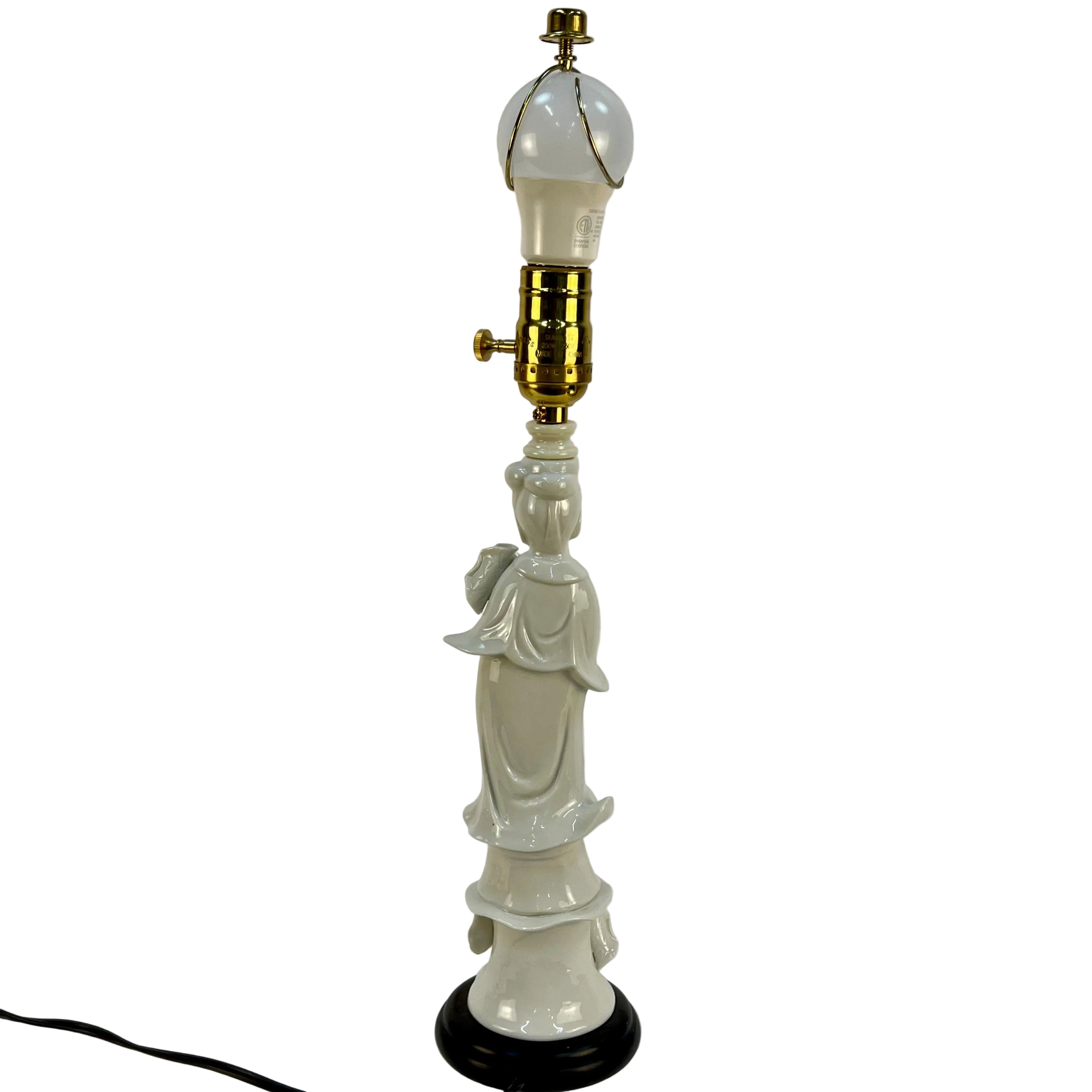 Vintage Blanc de Chine Guan Yin Table Lamp with Custom Handmade Blue & White Lampshade Included | Asian Ceramic Goddess Lamp | Chinoiserie Decor