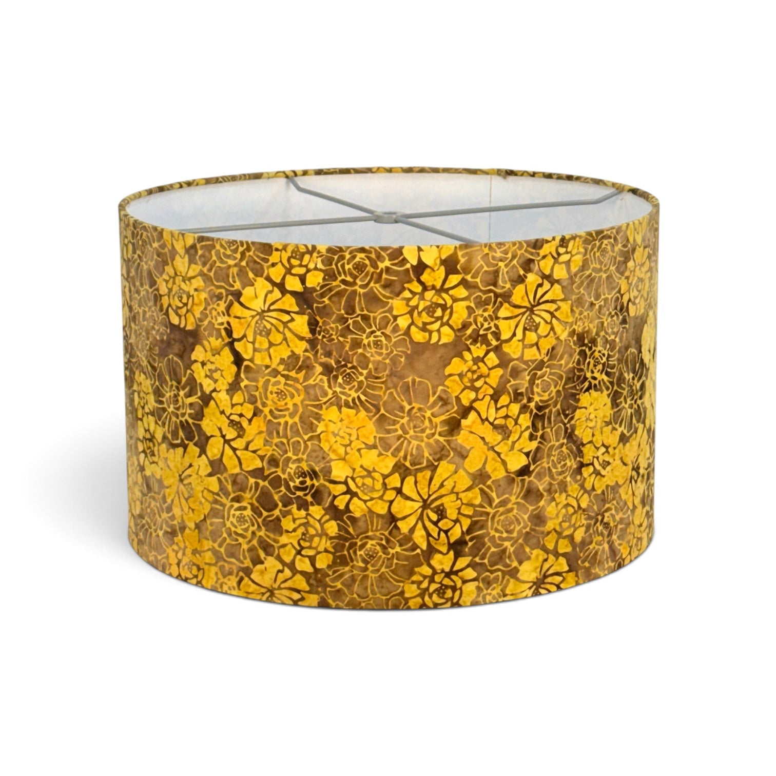 Yellow and Brown Floral Drum Lampshade, 16 Inch Cotton Batik Lampshade, Handmade Floral Lampshade