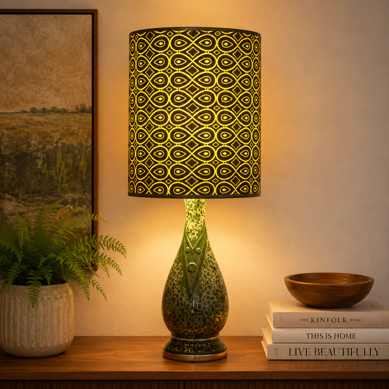 Vintage Mid Century Modern Green Ceramic Table Lamp | Gold Accent MCM Lighting
