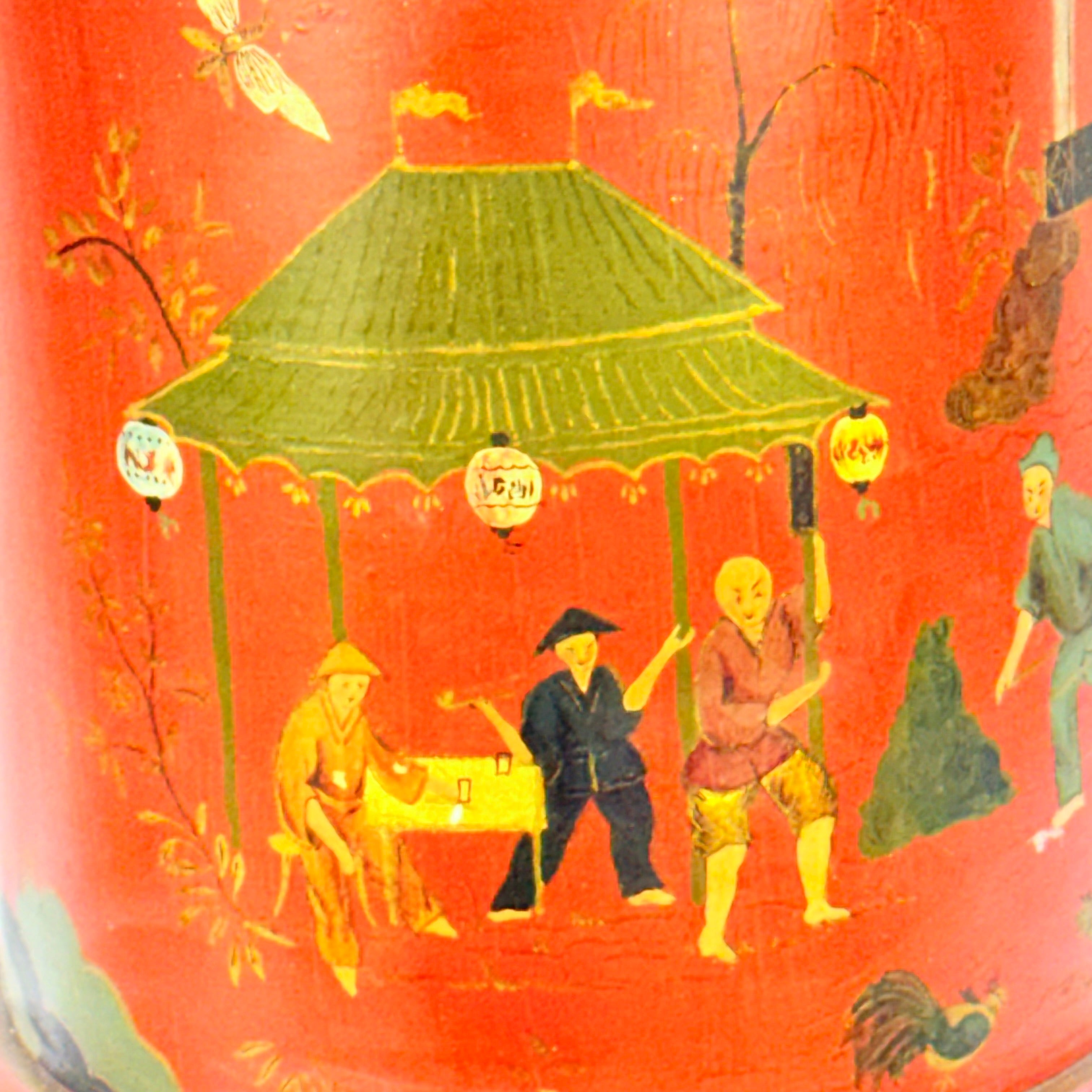 Pair of Large Hand Painted Japanese Market Scene Lamps