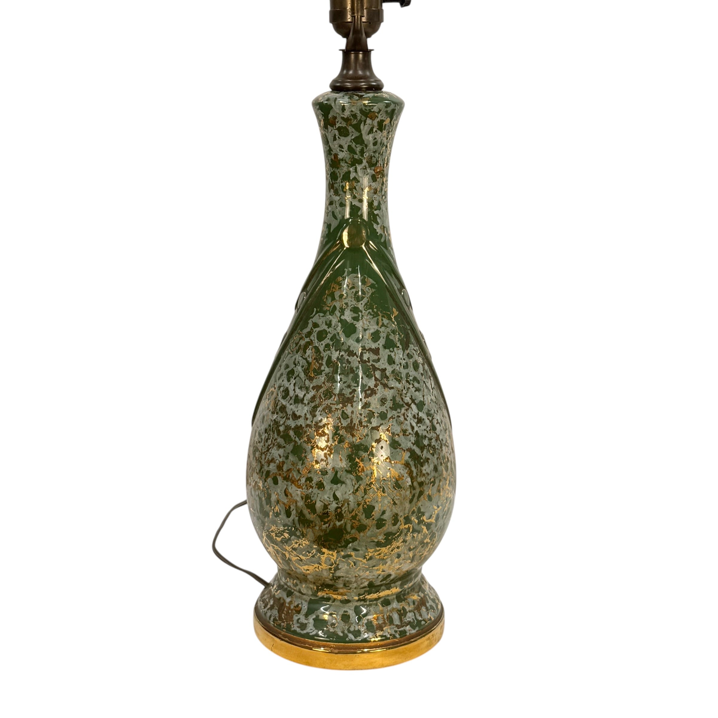 Vintage Mid Century Modern Green Ceramic Table Lamp | Gold Accent MCM Lighting