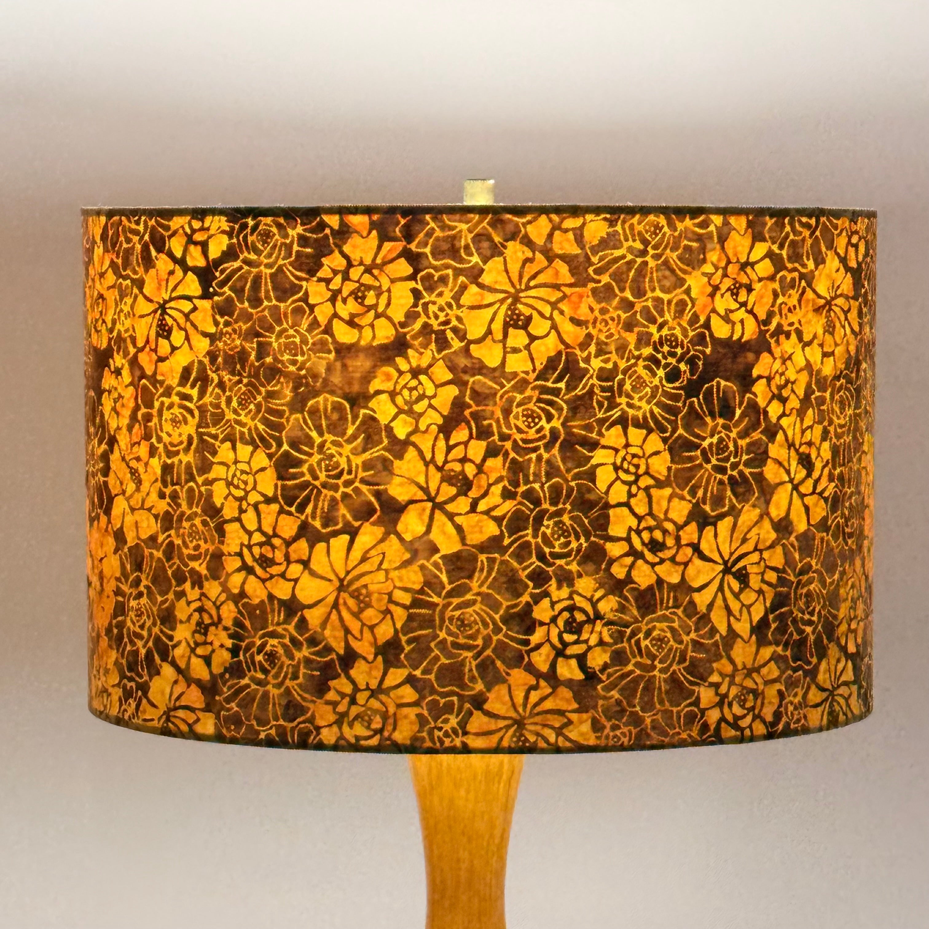 Yellow and Brown Floral Drum Lampshade, 16 Inch Cotton Batik Lampshade, Handmade Floral Lampshade