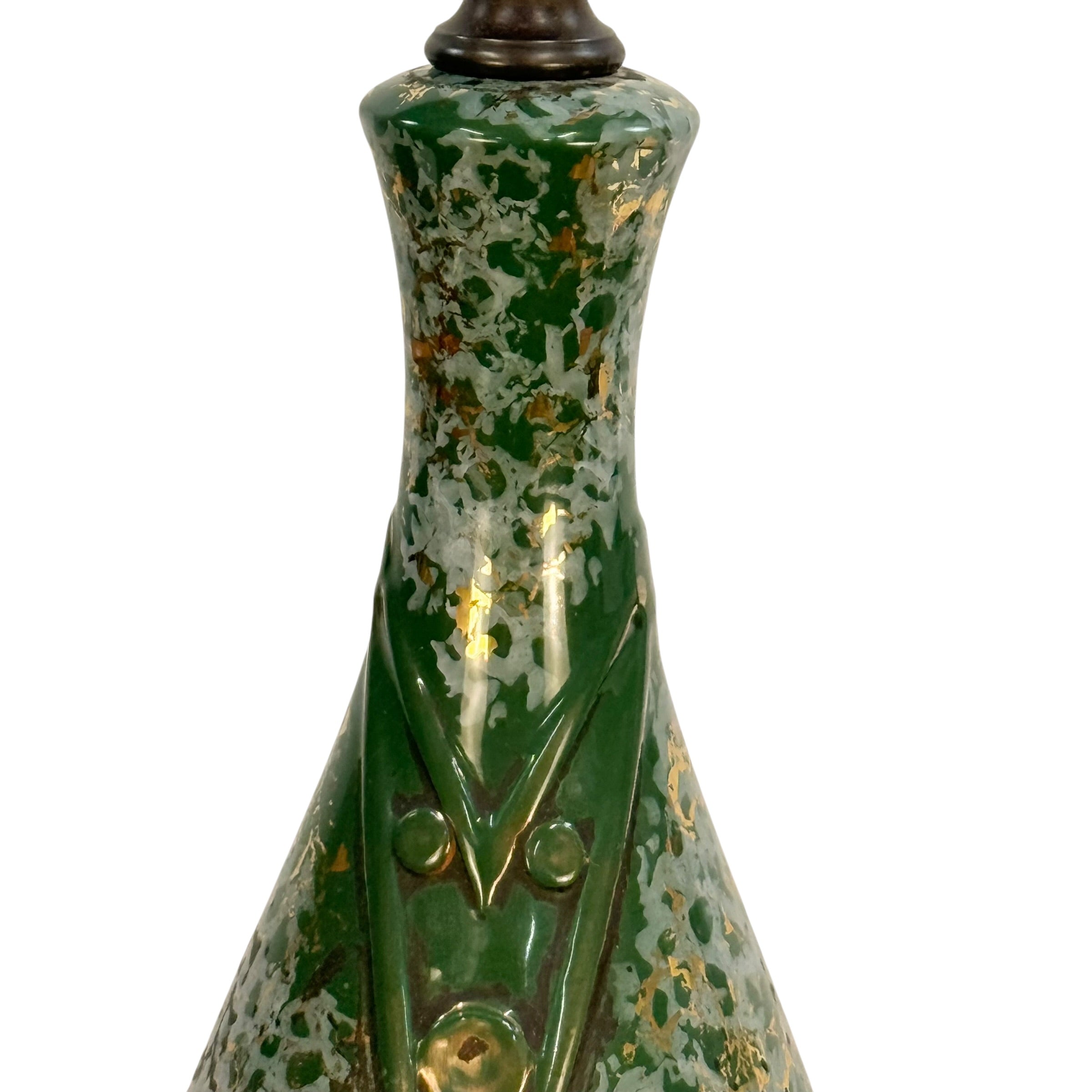 Vintage Mid Century Modern Green Ceramic Table Lamp | Gold Accent MCM Lighting