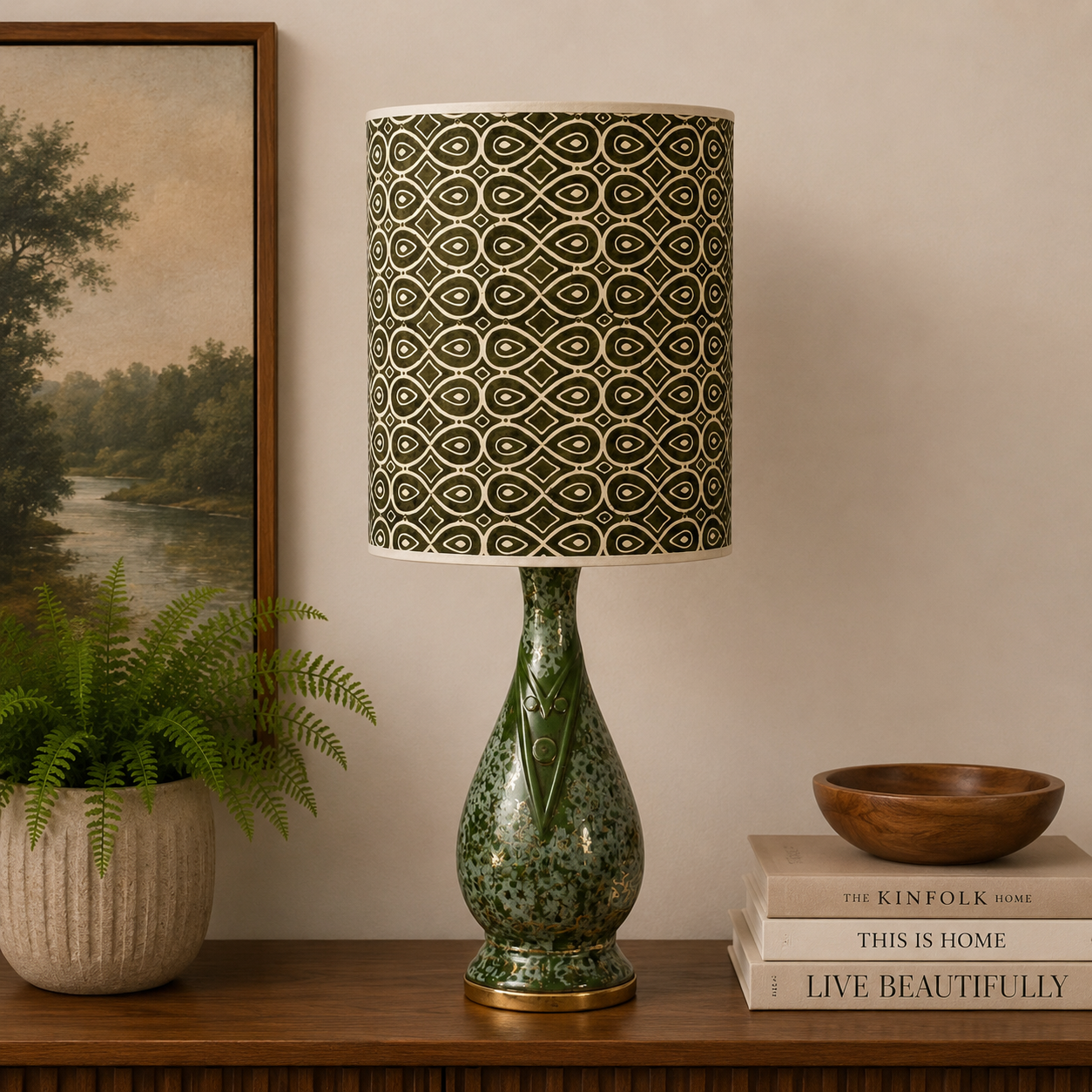 Vintage Mid Century Modern Green Ceramic Table Lamp | Gold Accent MCM Lighting
