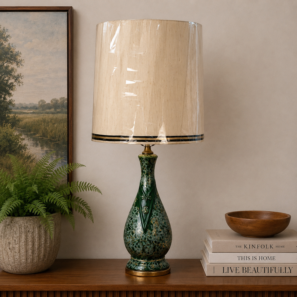 Vintage Mid Century Modern Green Ceramic Table Lamp | Gold Accent MCM Lighting