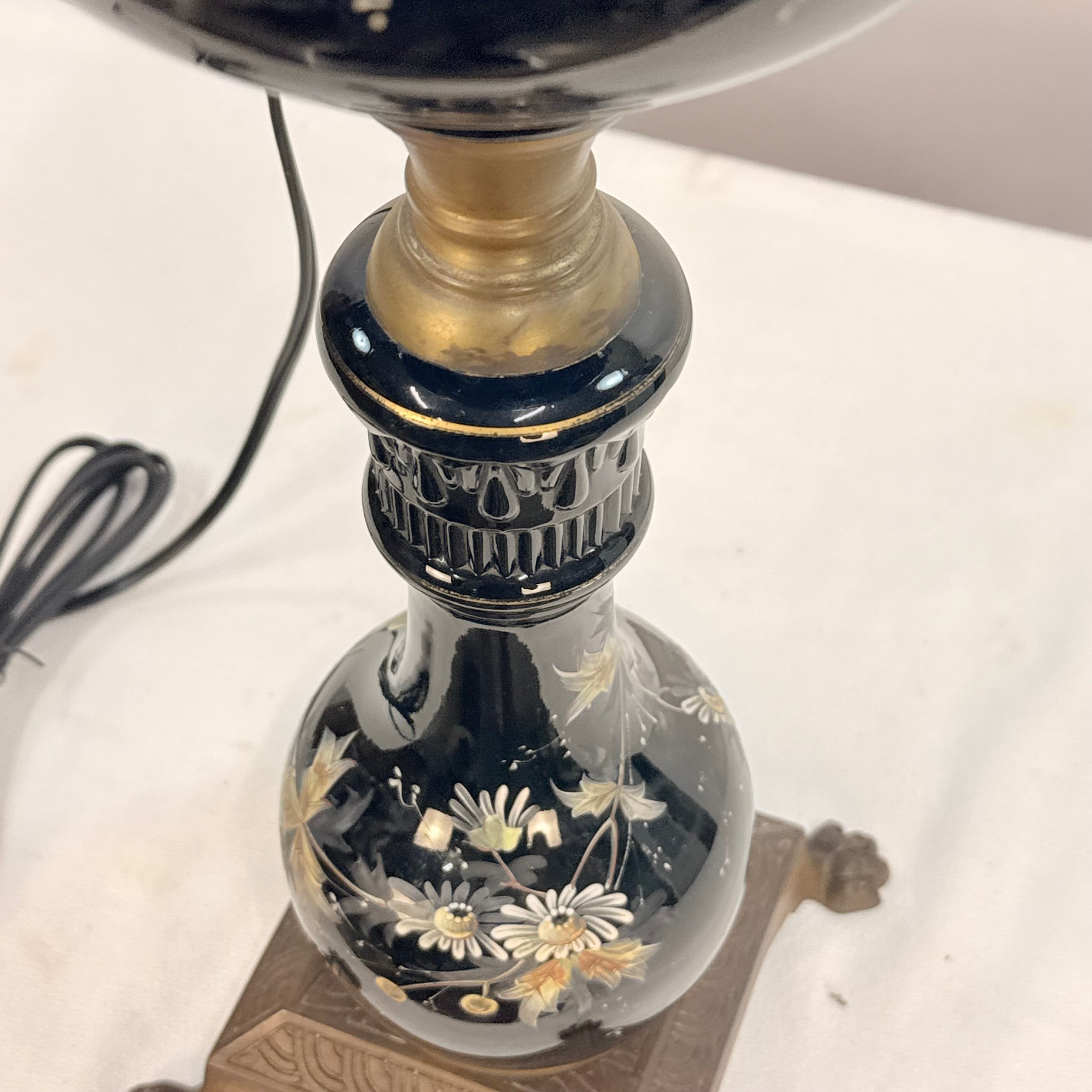Antique Black Glass Oil Lamp Converted to Electric | Hand Painted Floral Table Lamp