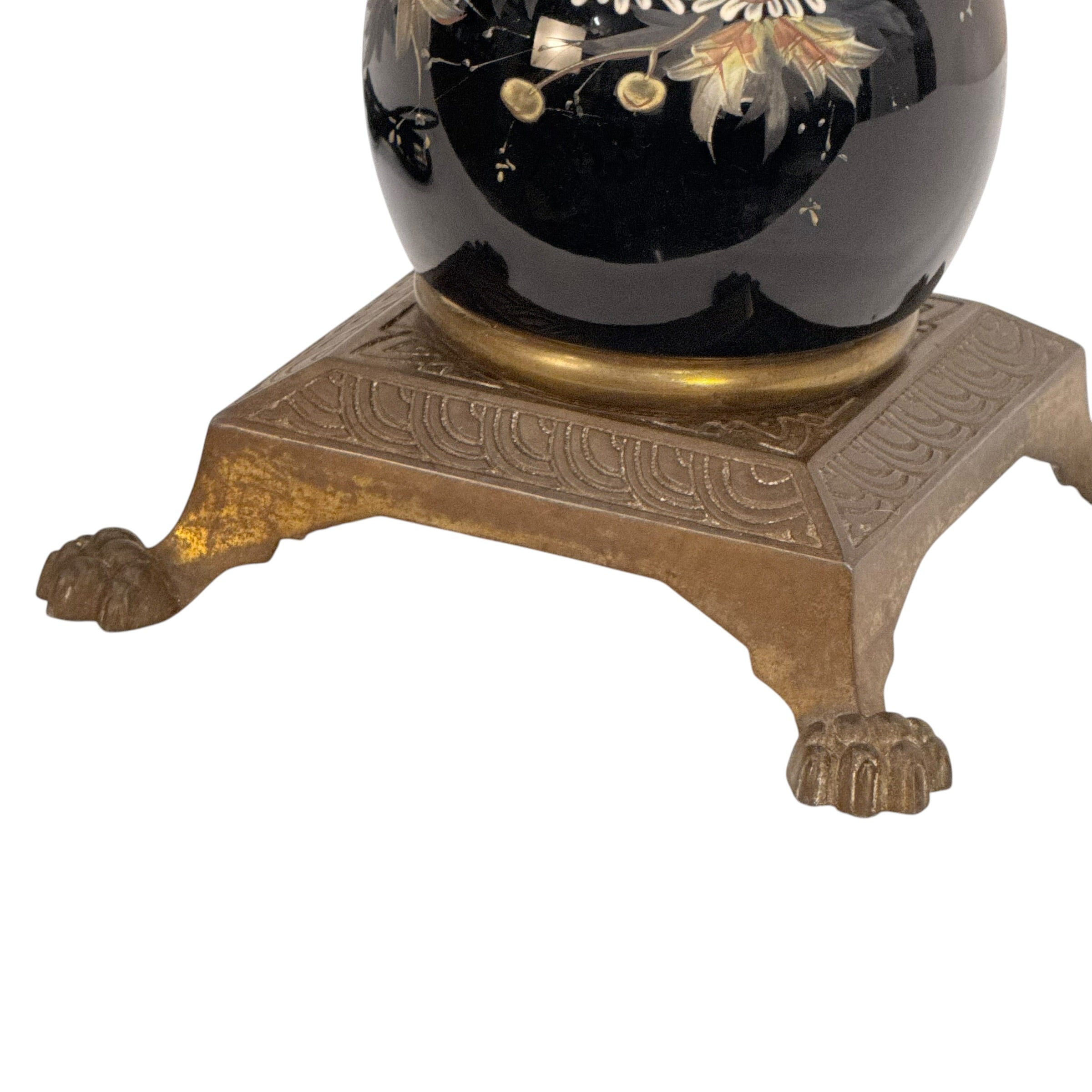 Antique Black Glass Oil Lamp Converted to Electric | Hand Painted Floral Table Lamp