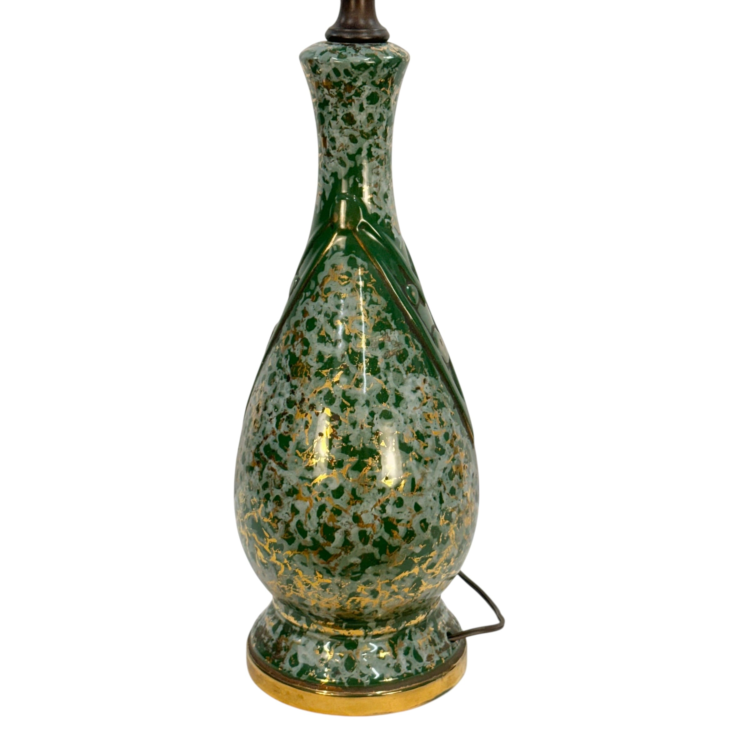 Vintage Mid Century Modern Green Ceramic Table Lamp | Gold Accent MCM Lighting