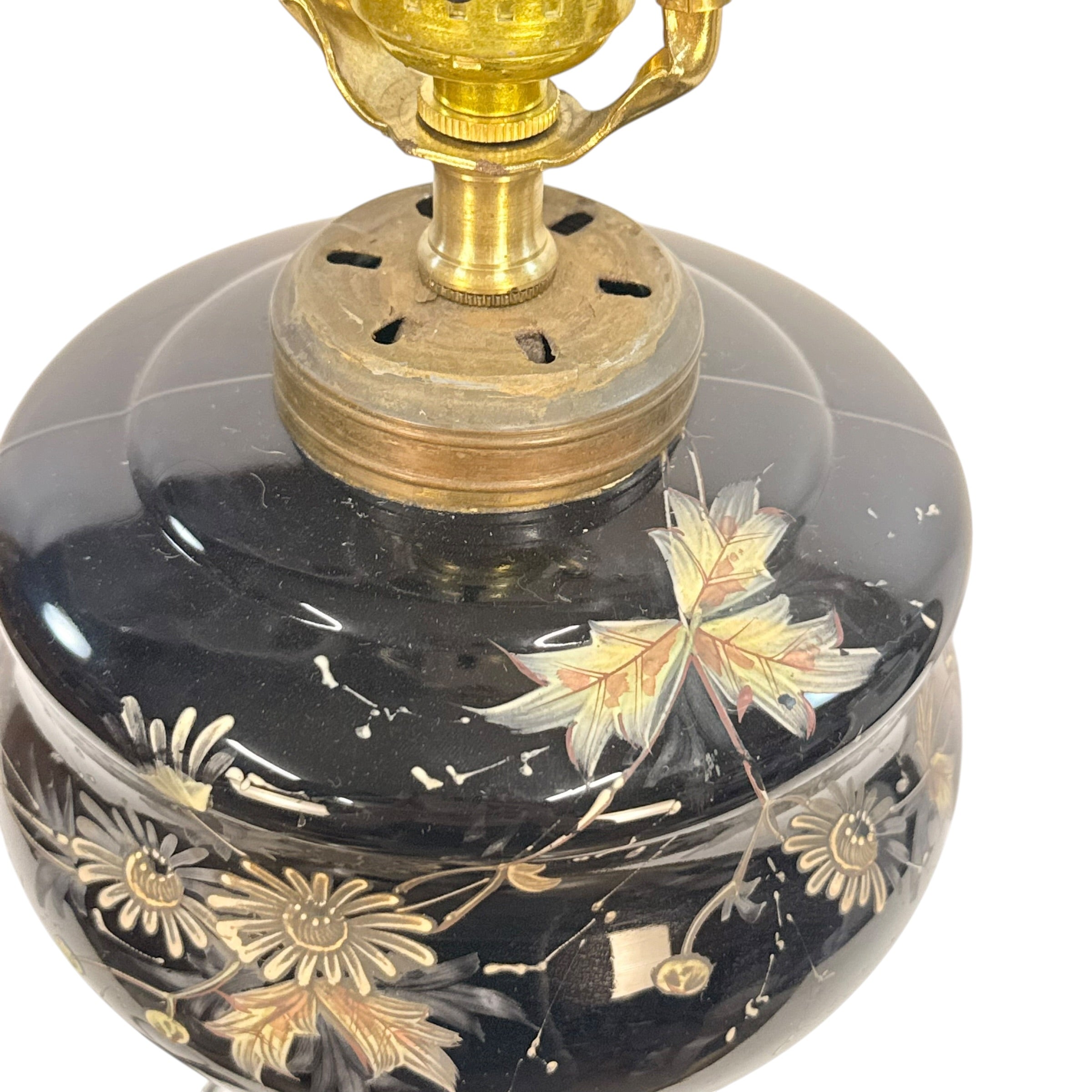 Antique Black Glass Oil Lamp Converted to Electric | Hand Painted Floral Table Lamp