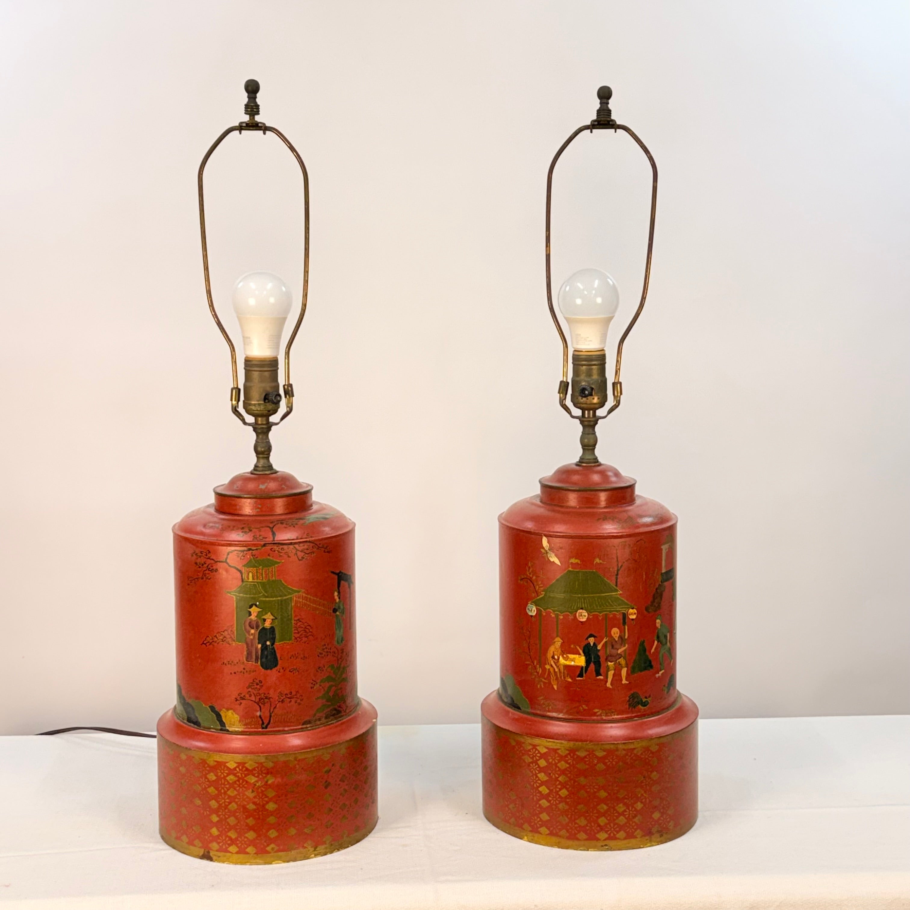 Pair of Large Hand Painted Japanese Market Scene Lamps