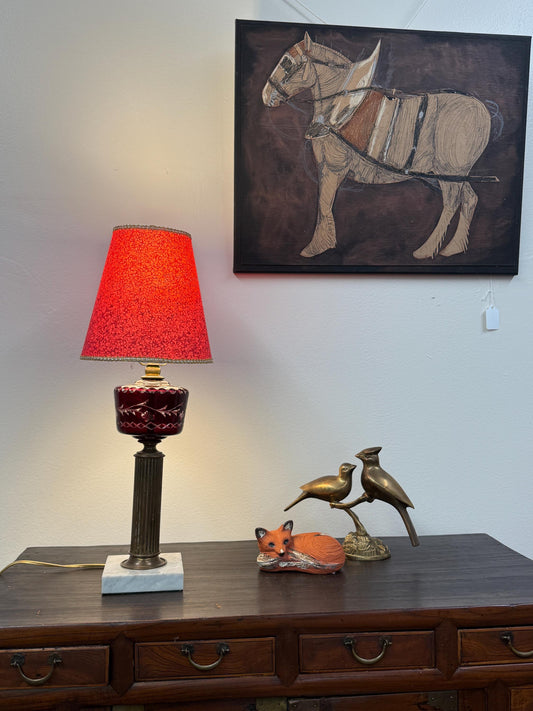 Vintage Cranberry Glass Lamp with Marble Base