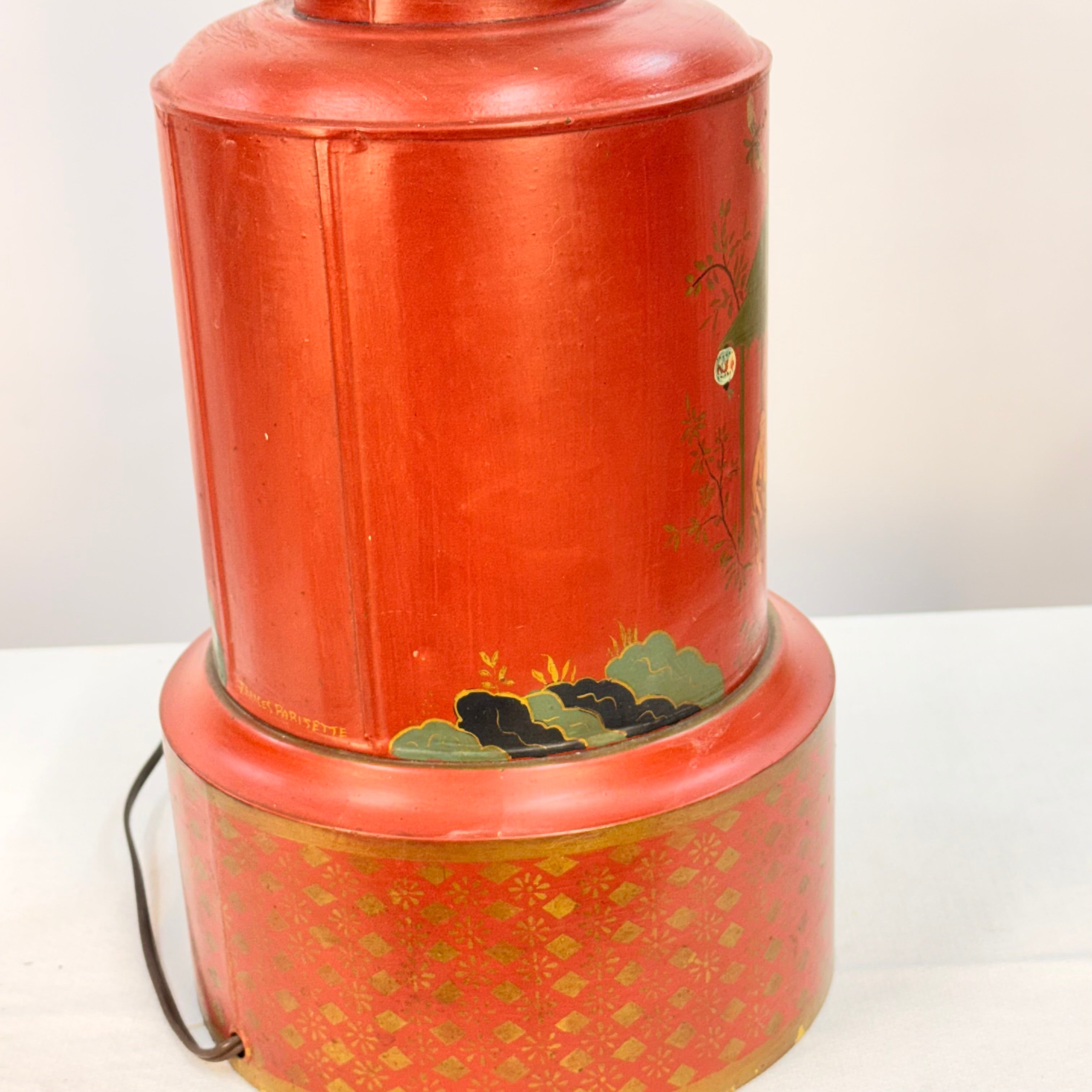 Pair of Large Hand Painted Japanese Market Scene Lamps