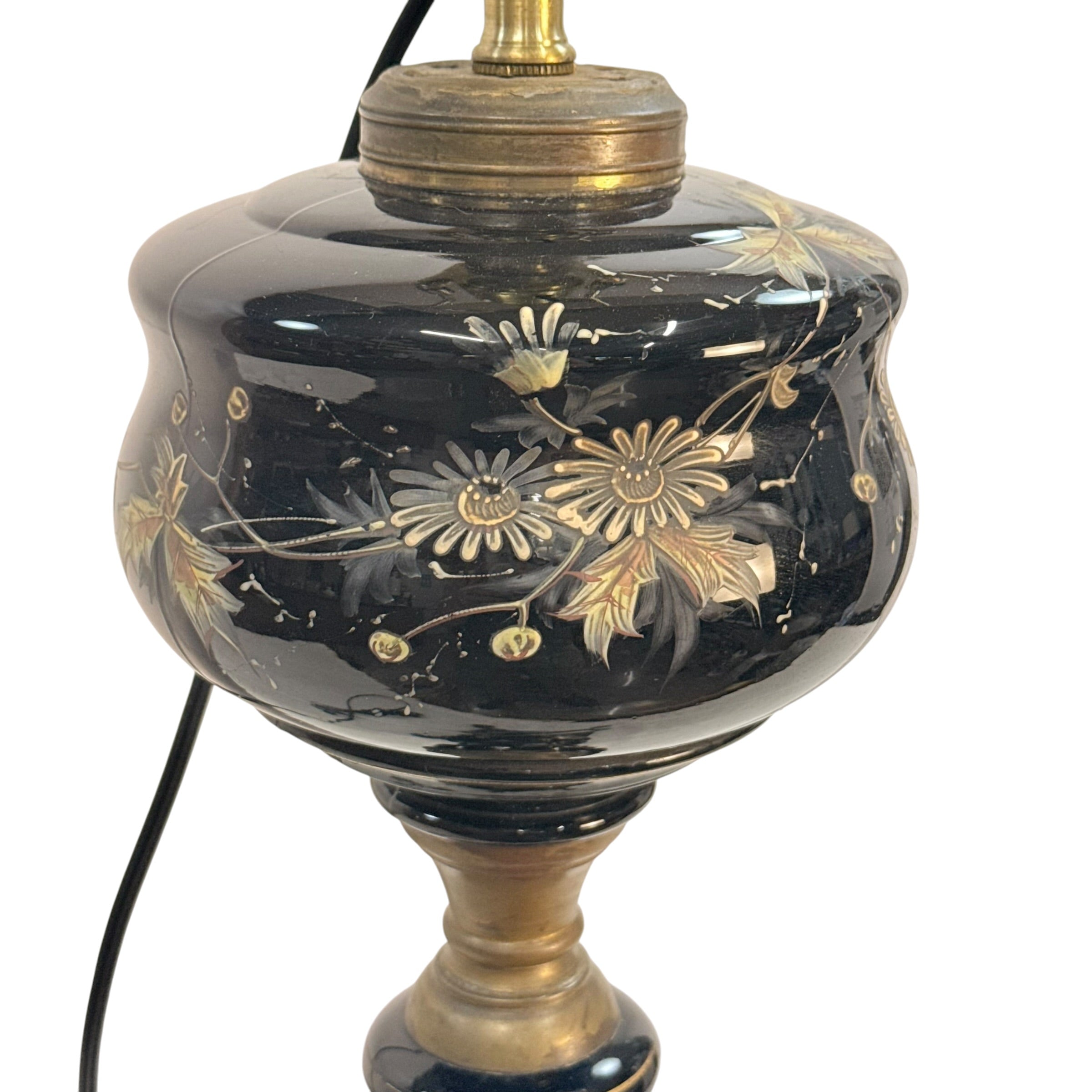 Antique Black Glass Oil Lamp Converted to Electric | Hand Painted Floral Table Lamp