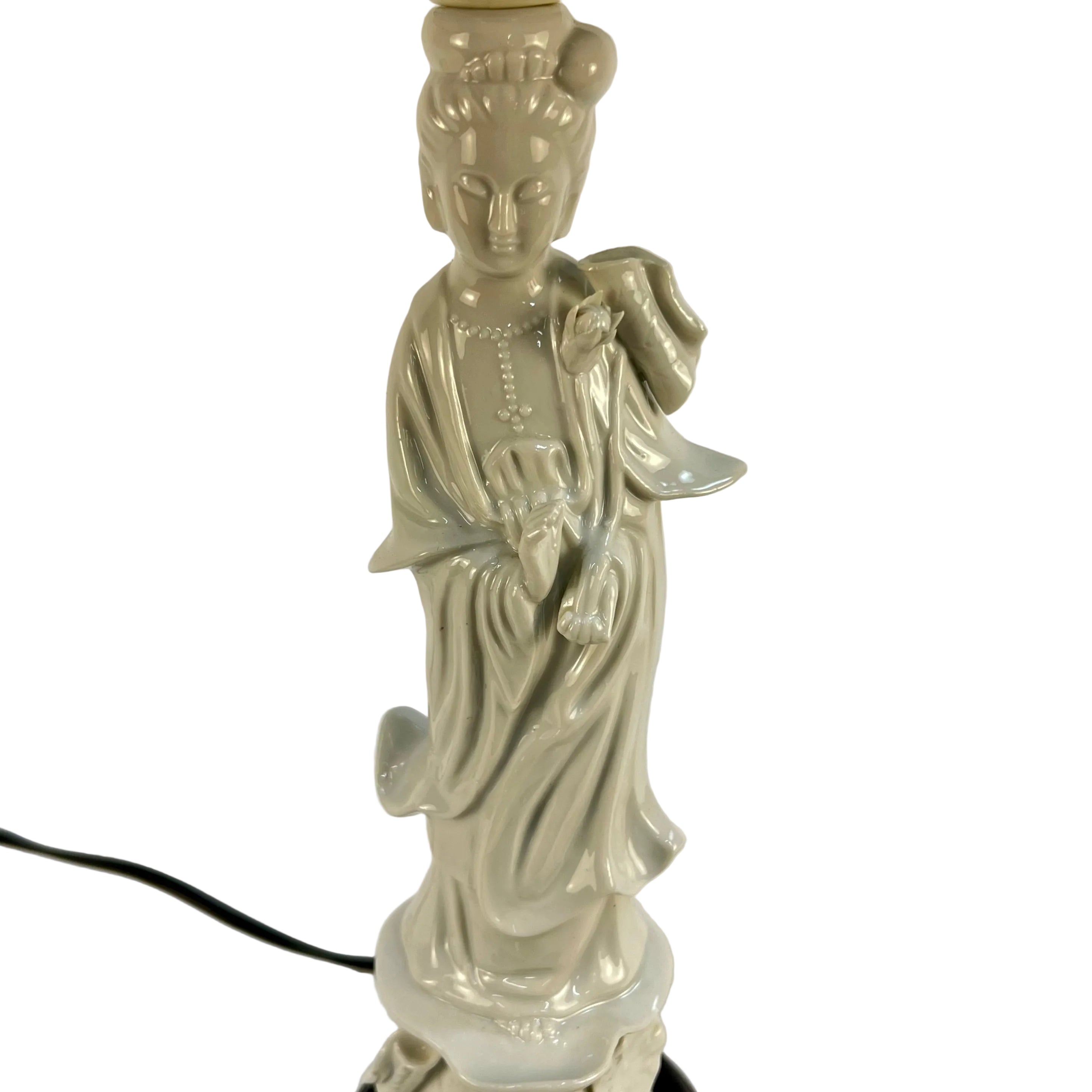 Vintage Blanc de Chine Guan Yin Table Lamp with Custom Handmade Blue & White Lampshade Included | Asian Ceramic Goddess Lamp | Chinoiserie Decor