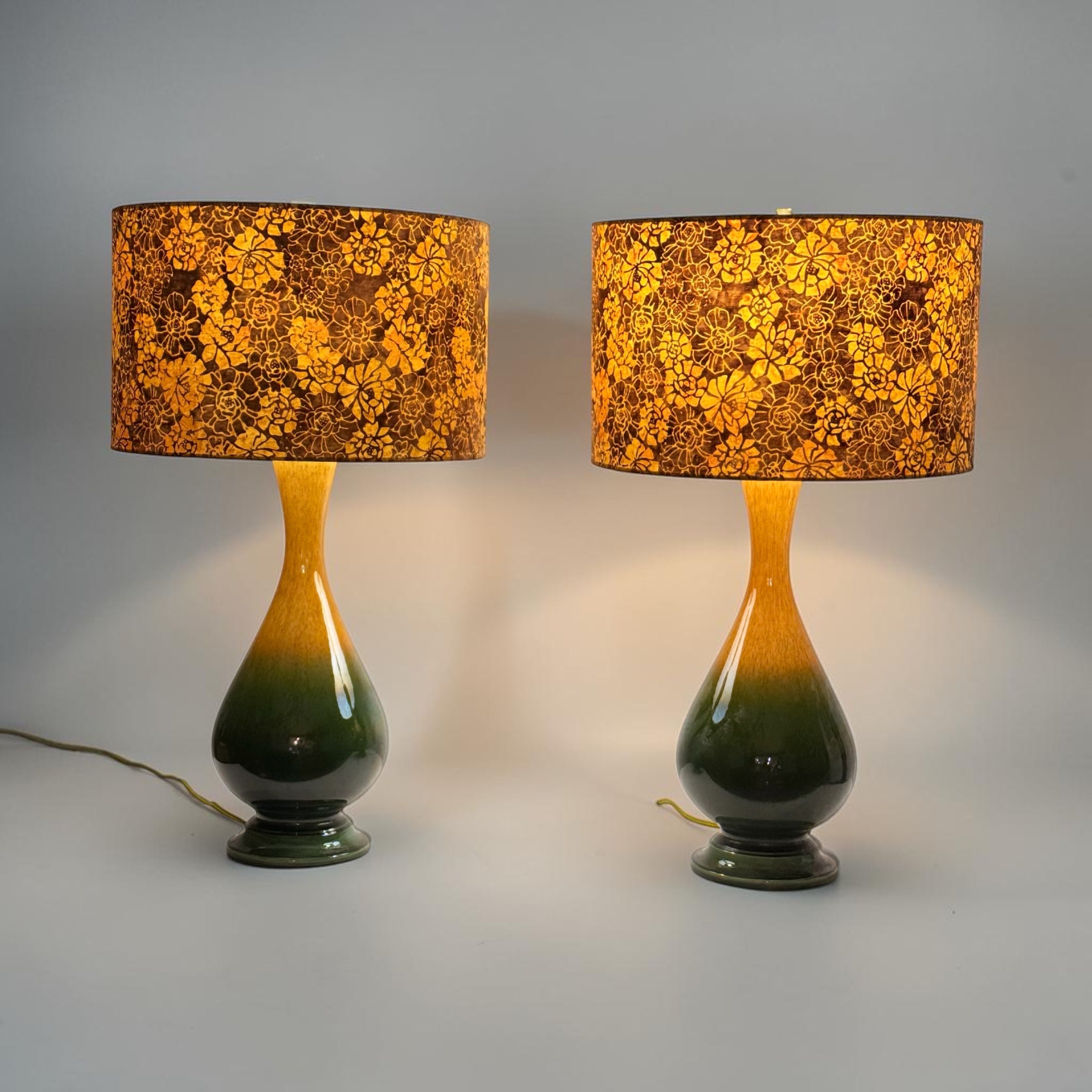 Yellow and Brown Floral Drum Lampshade, 16 Inch Cotton Batik Lampshade, Handmade Floral Lampshade