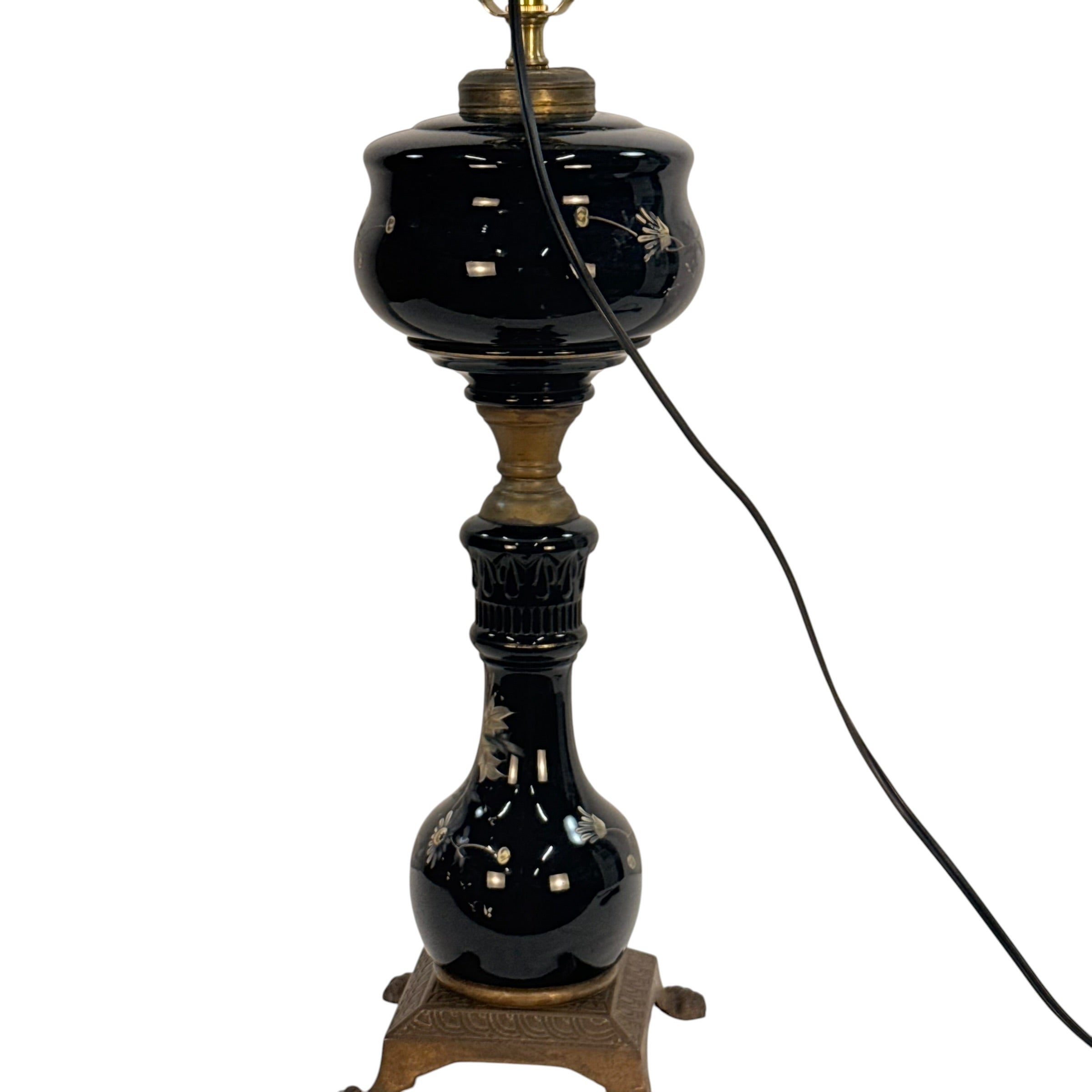 Antique Black Glass Oil Lamp Converted to Electric | Hand Painted Floral Table Lamp