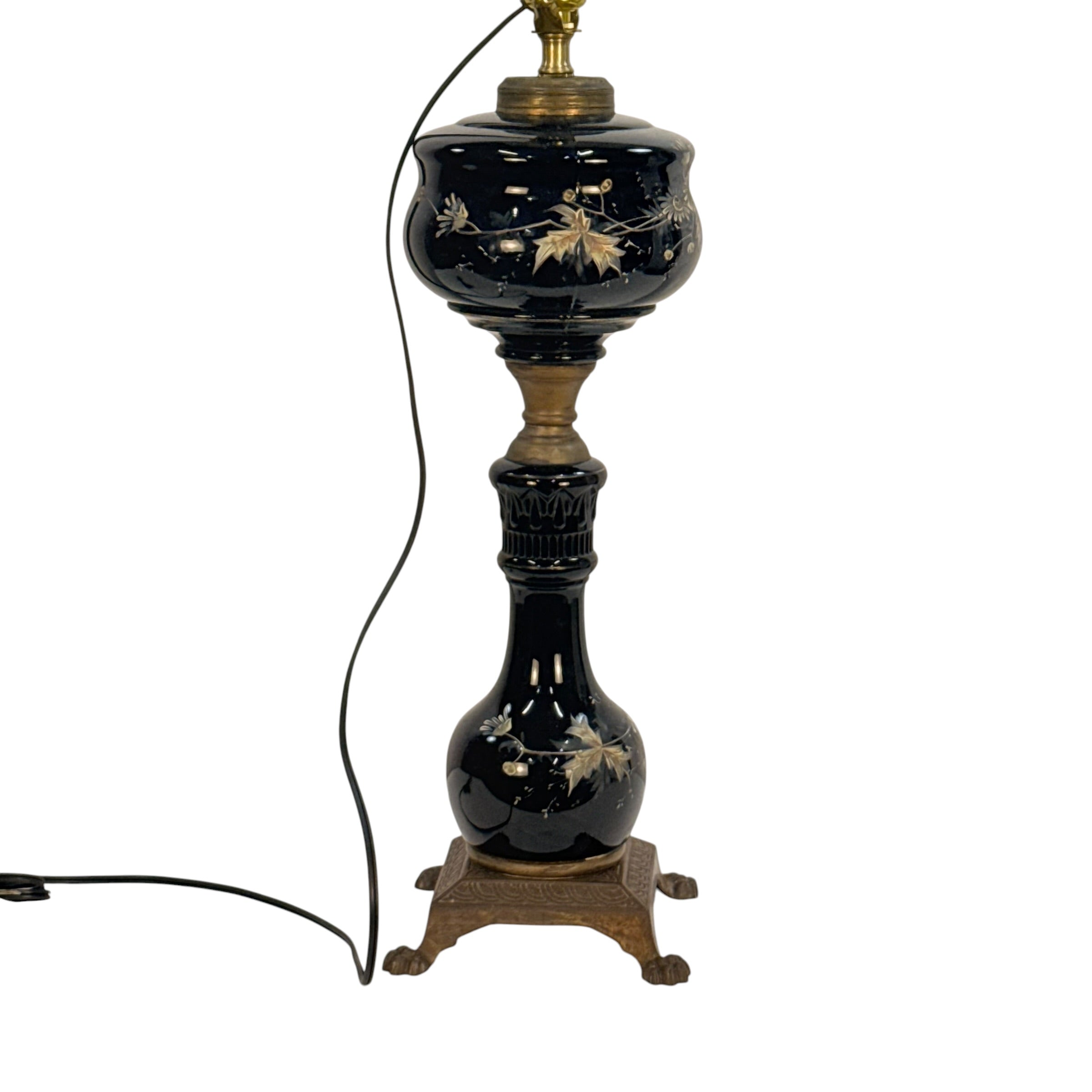 Antique Black Glass Oil Lamp Converted to Electric | Hand Painted Floral Table Lamp