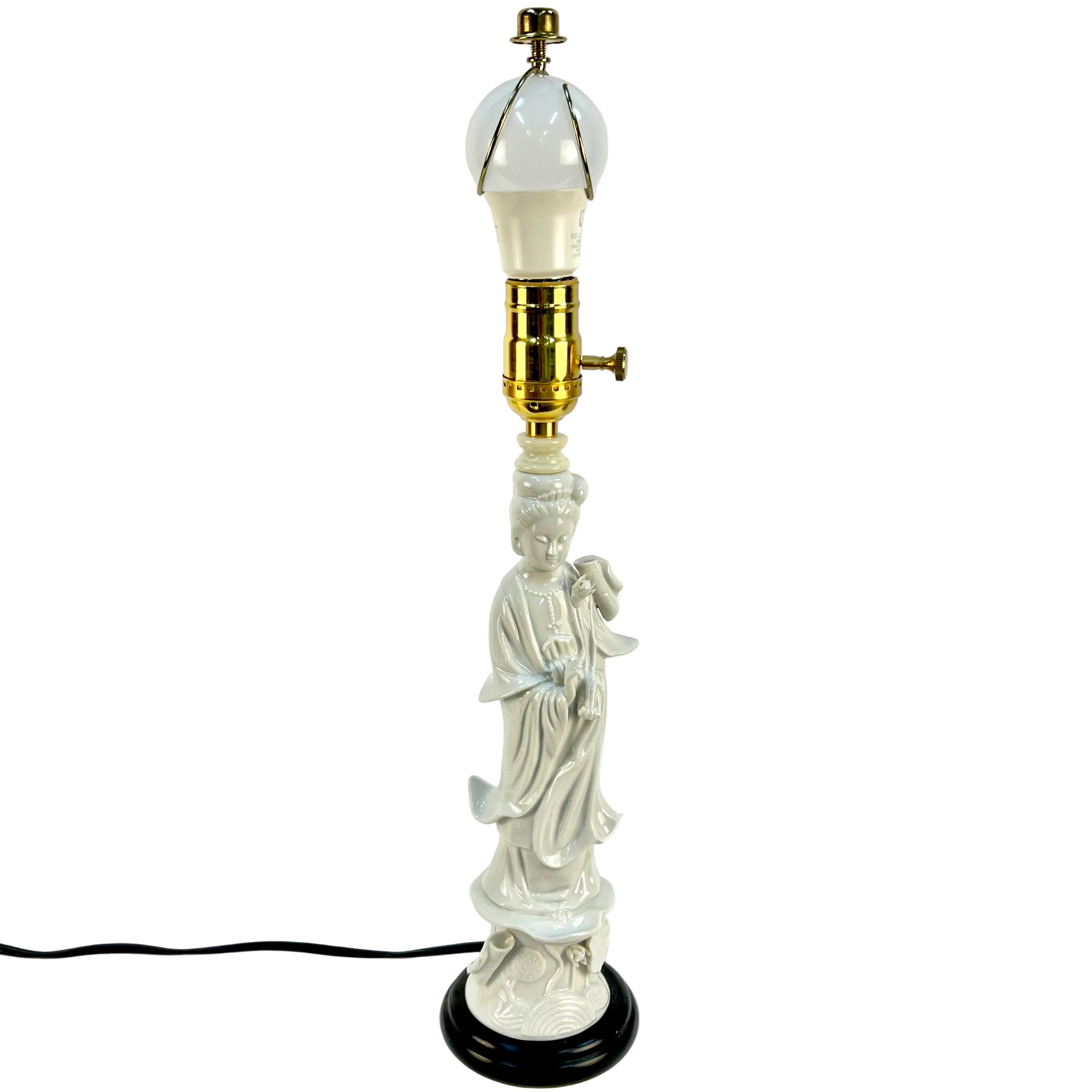 Vintage Blanc de Chine Guan Yin Table Lamp with Custom Handmade Blue & White Lampshade Included | Asian Ceramic Goddess Lamp | Chinoiserie Decor